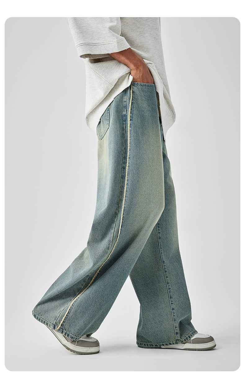 Casual Wide-Leg Denim Jeans With Distressed Wash And Frayed Hem - chiclara