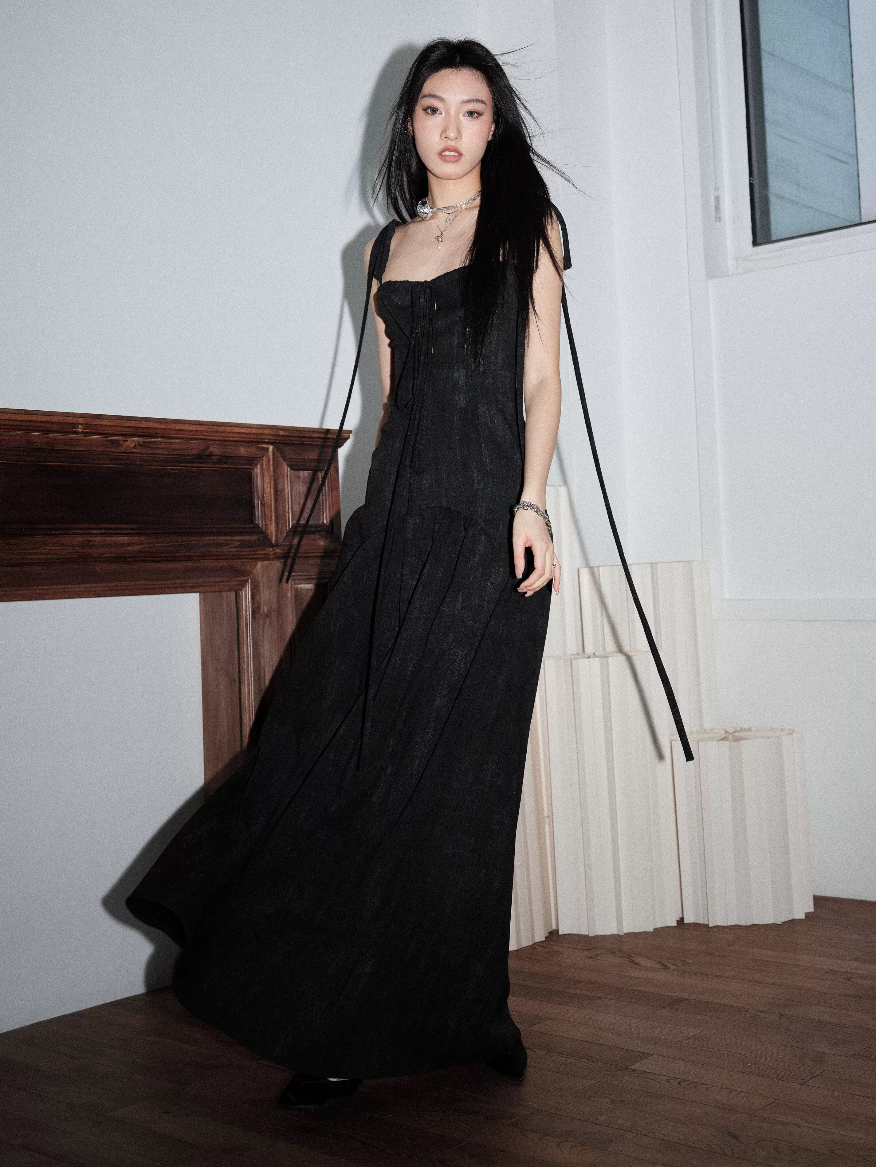 Black Ribbon-Strap Corset Maxi Dress