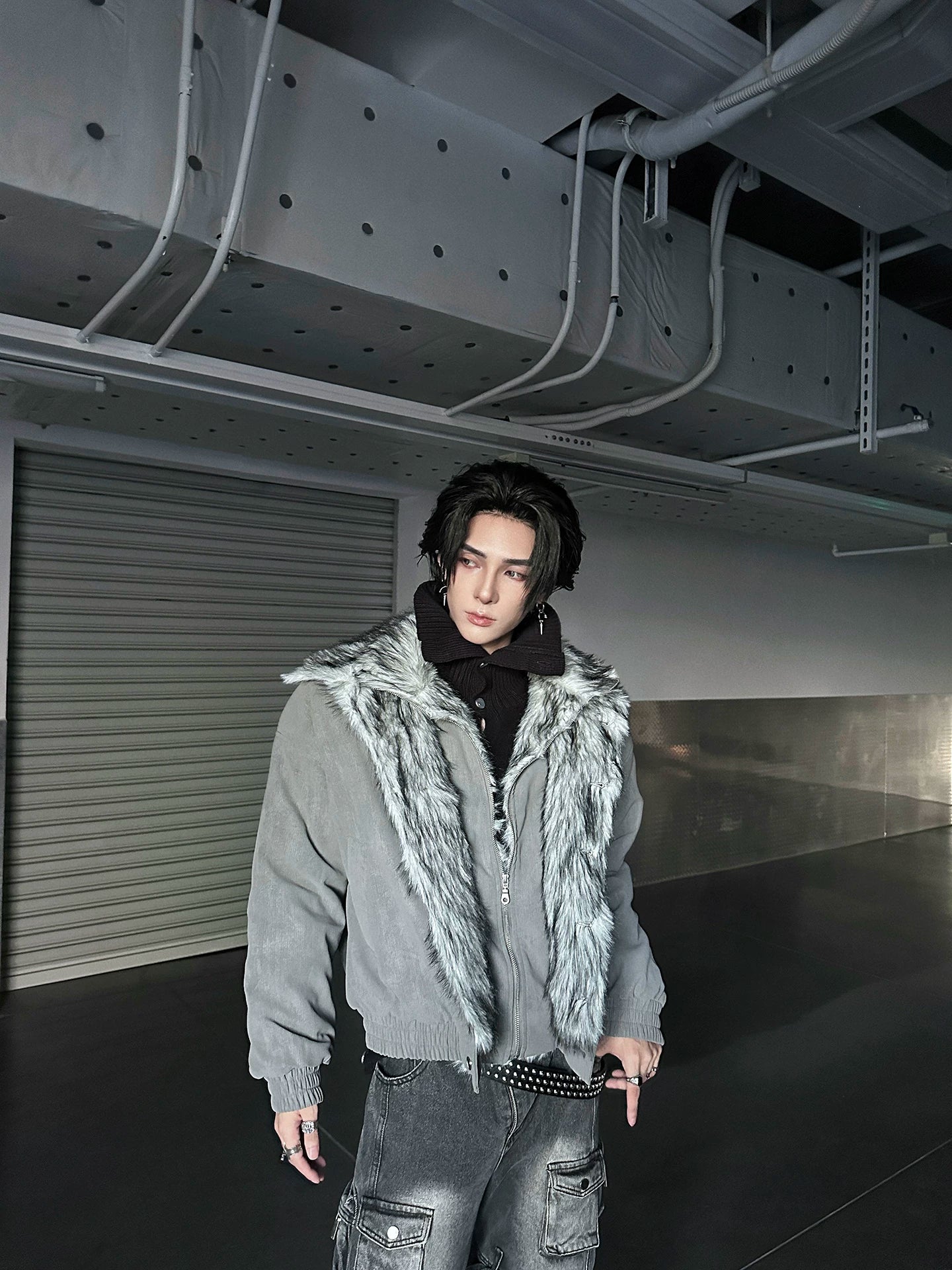 Frostbite V-Line Wolf-Fur Bomber Jacket