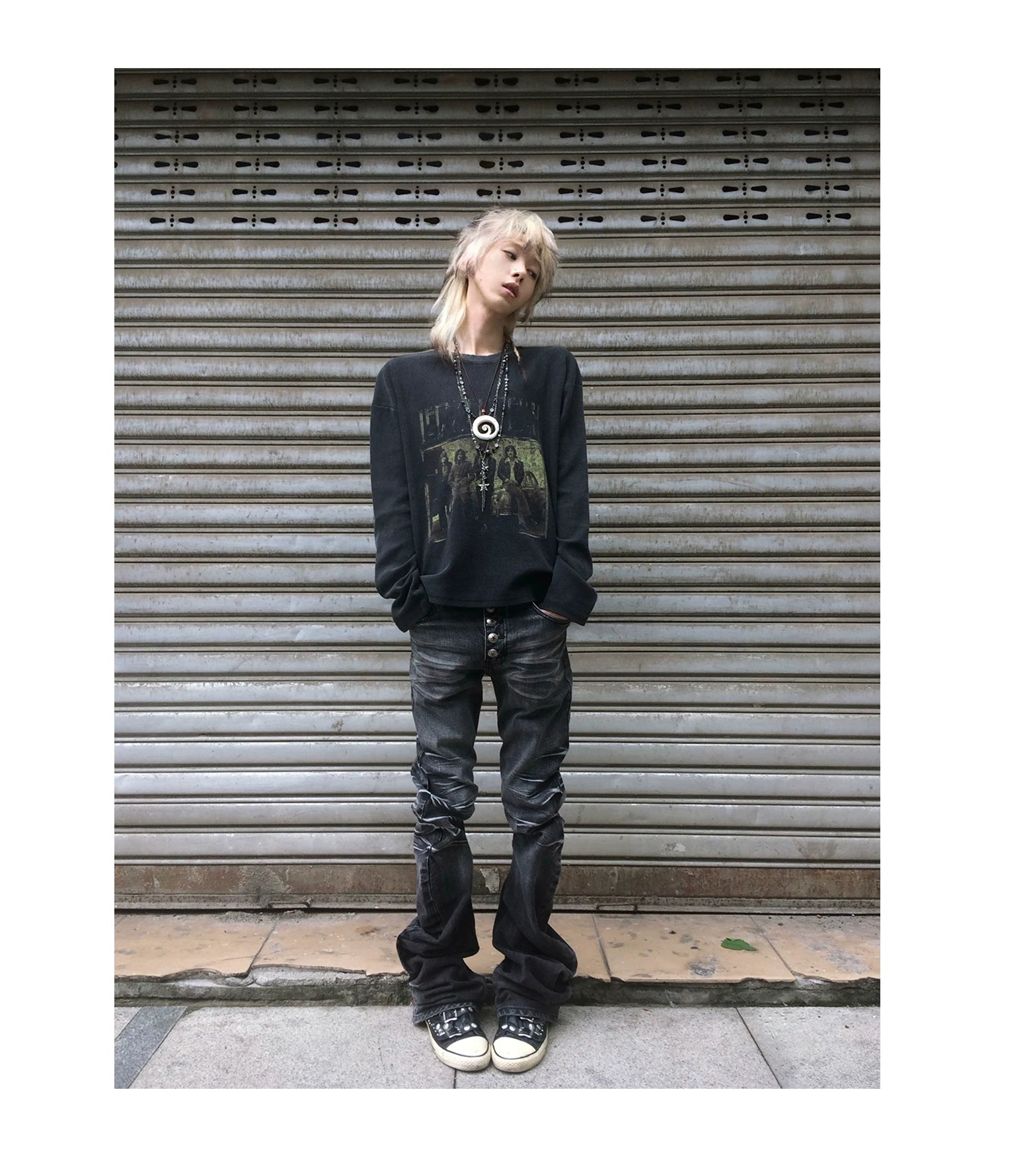Rippled Scimitar Cracked-Wash Denim Pants