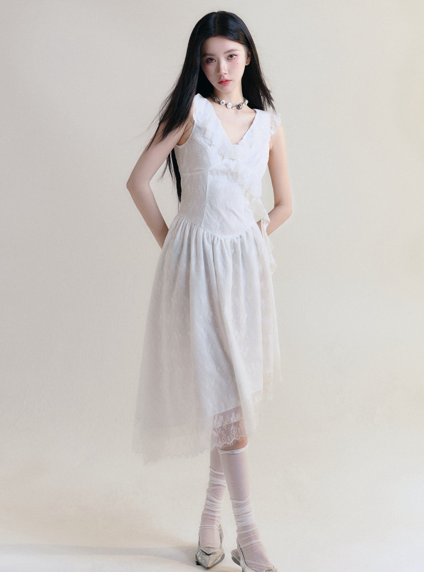 Ethereal White Lace Asymmetric Dress - V-Neck Sleeveless Summer Midi