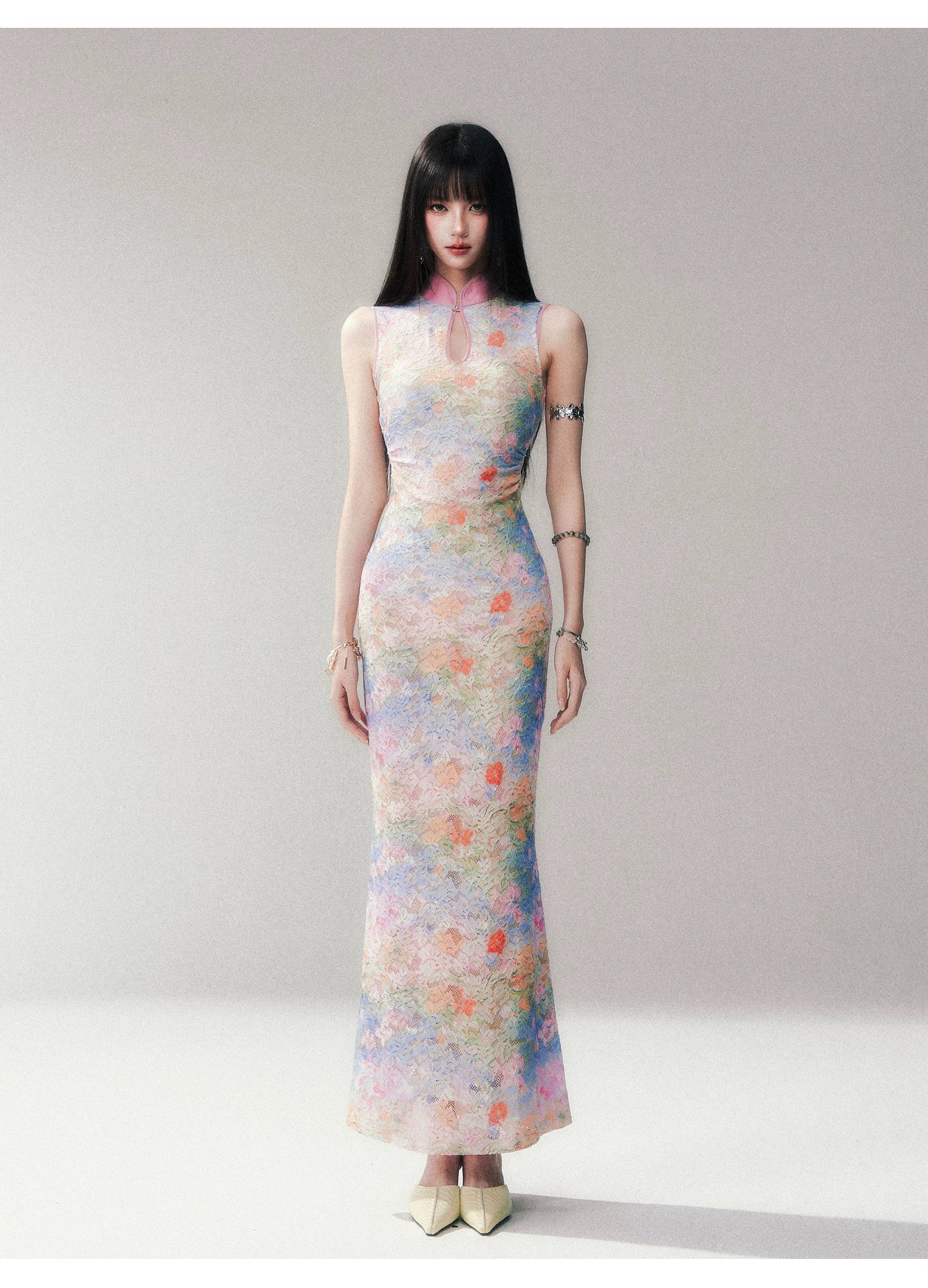Aurora Petal Watercolor Cheongsam Maxi Dress
