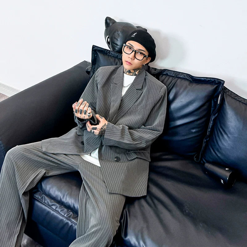 Midnight Muse Oversized Pinstripe Blazer and Pants Setup