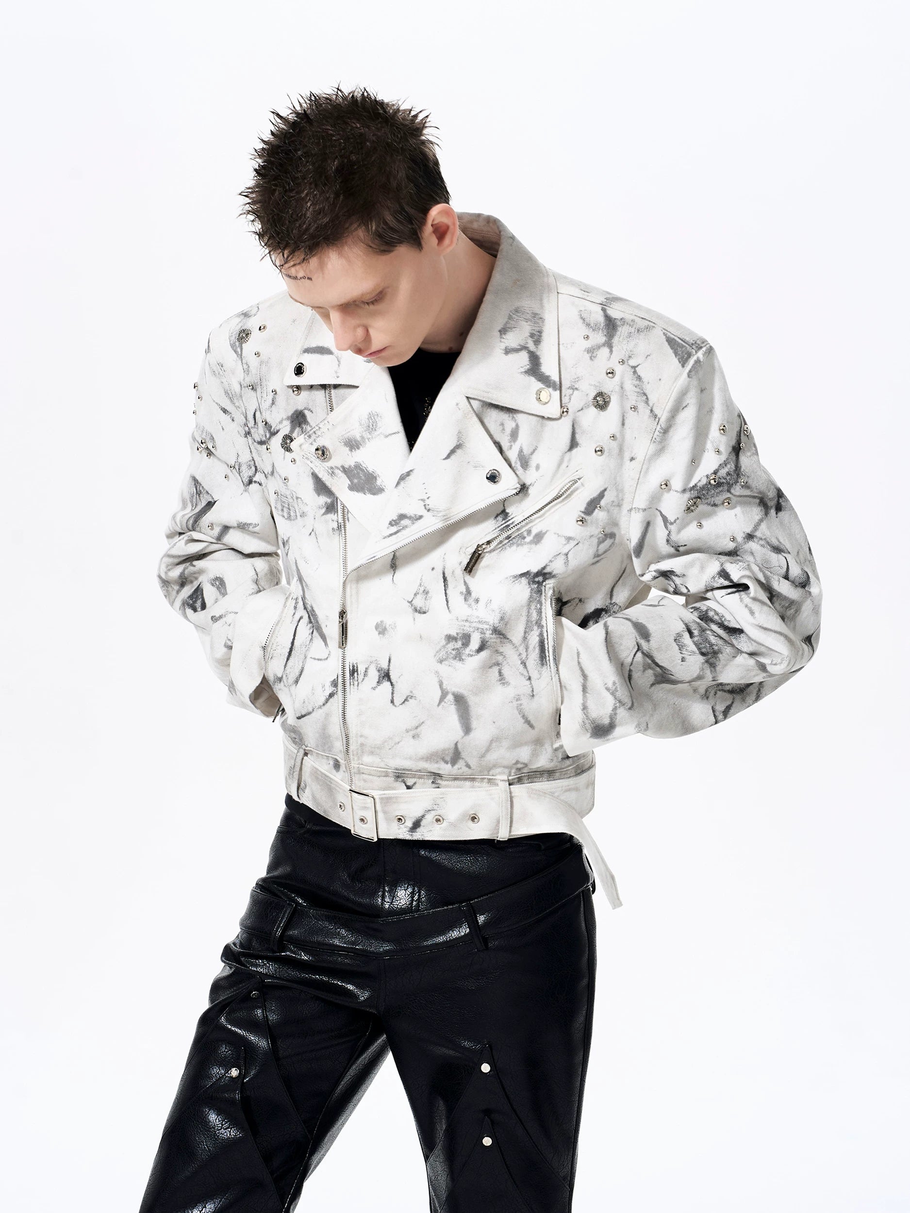 Marble Storm Cropped Moto Jacket