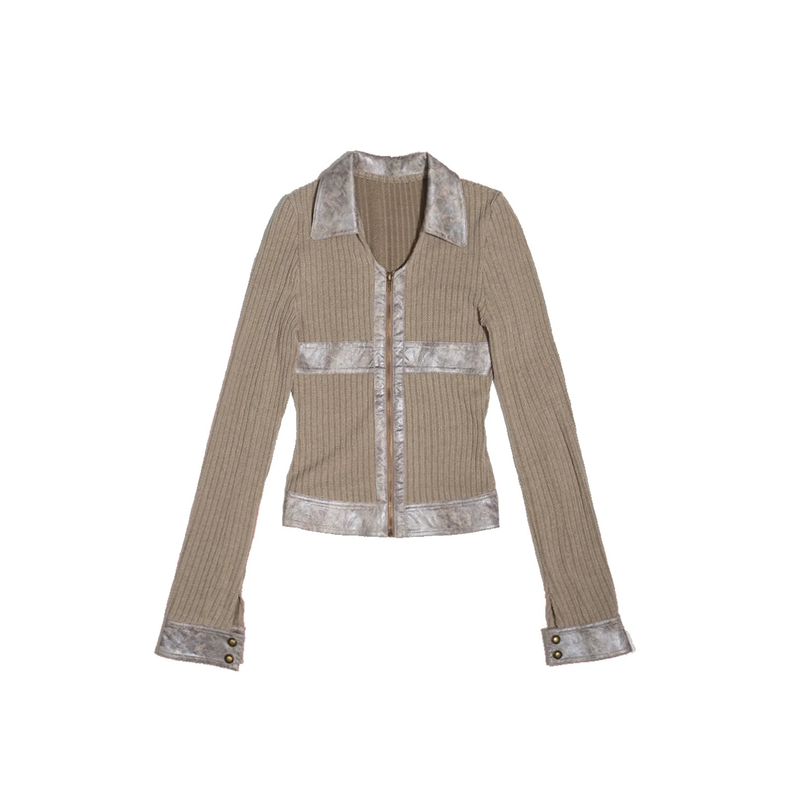 ARIADNAw Ribbed Zip-Up Cardigan with Velvet Trim - Taupe (Women's)