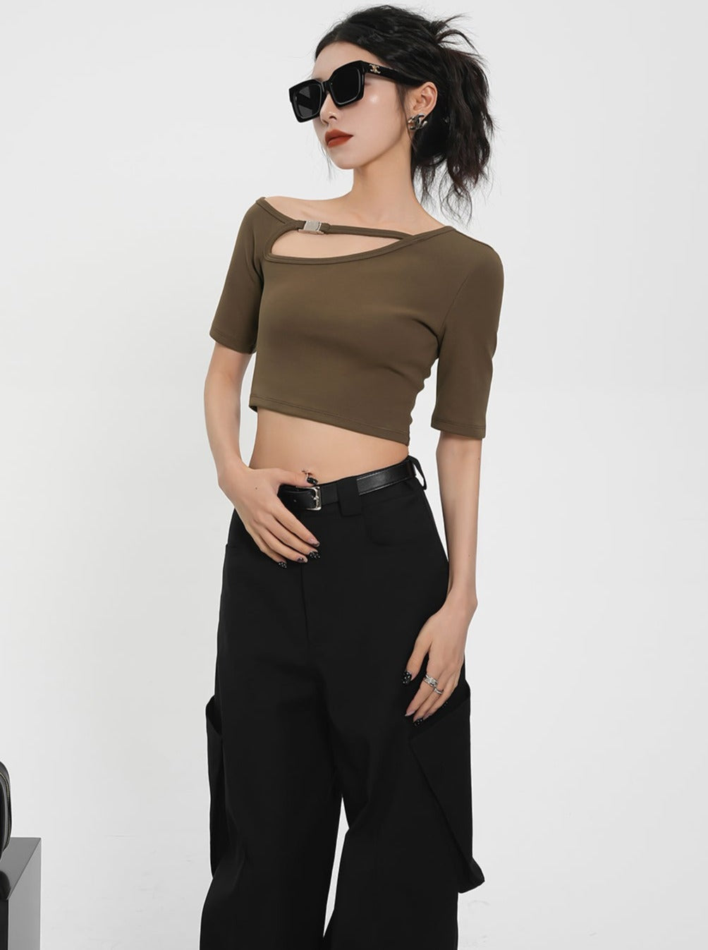 Asymmetric Cut-Out Crop Top - Ribbed Short Sleeve Fitted Tee