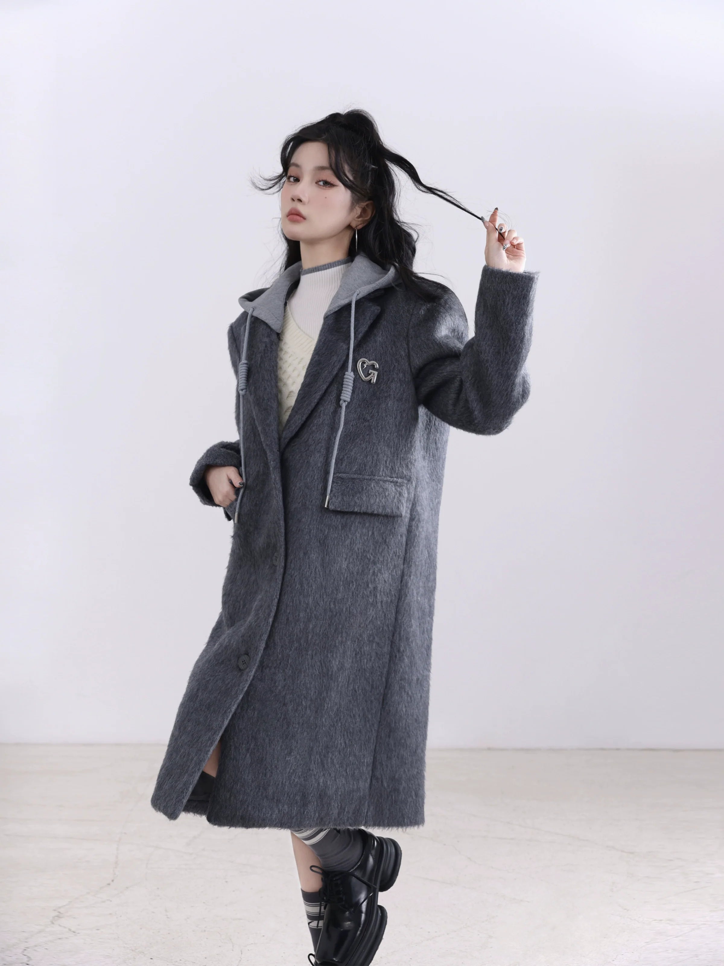 Charcoal Gray Hooded Denim Long Coat