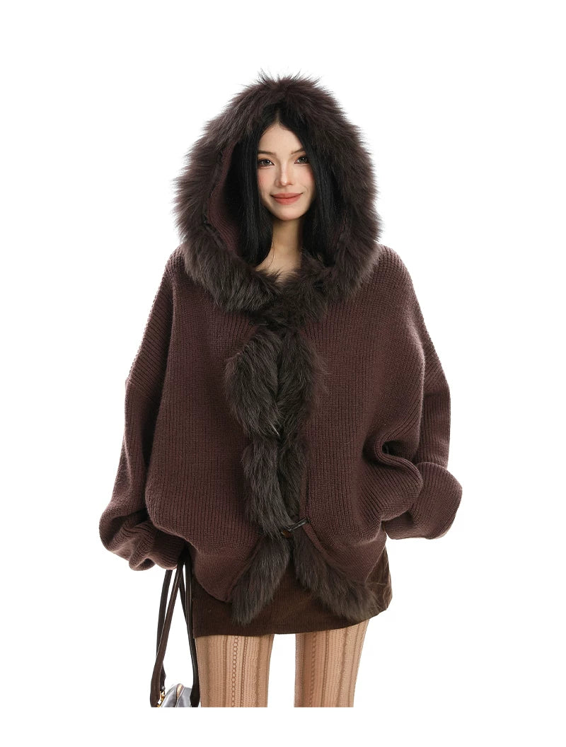 Shadow Luxe Fur-Trim Hooded Knit Cardigan