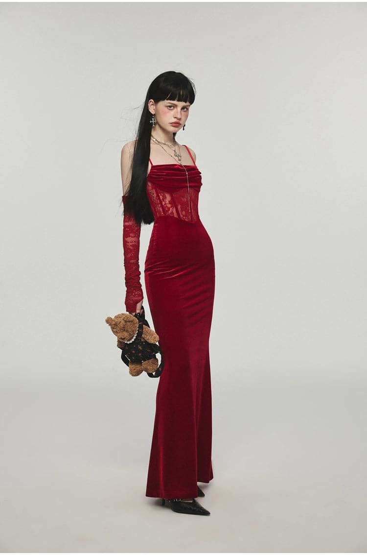 1Jinn Velvet Dress With Fishbone Straps - chiclara