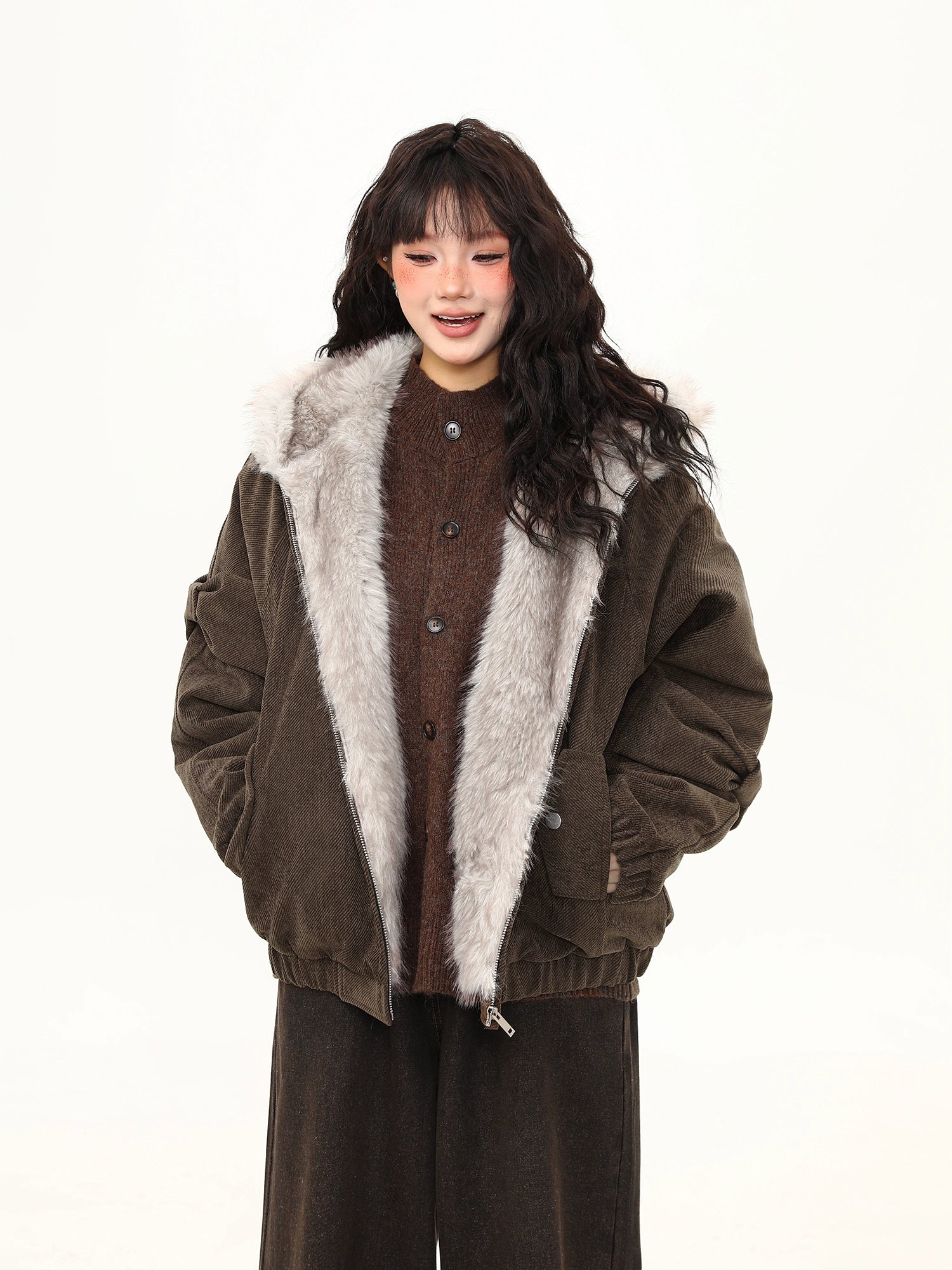 Moss Herringbone Faux Fur Collar Jacket