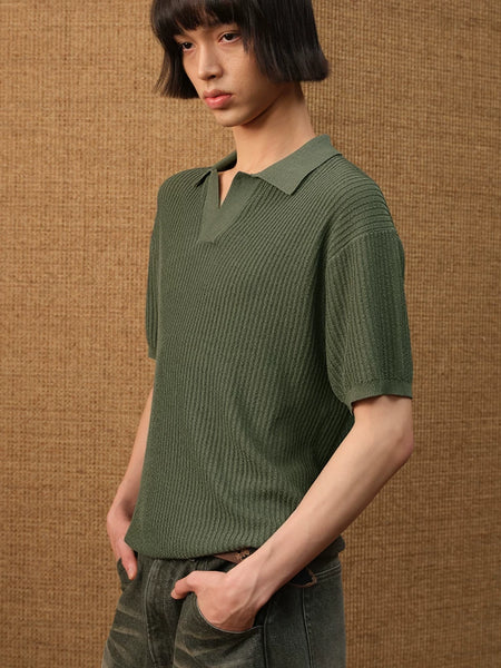 Textured Knit Open-Collar Polo Shirt