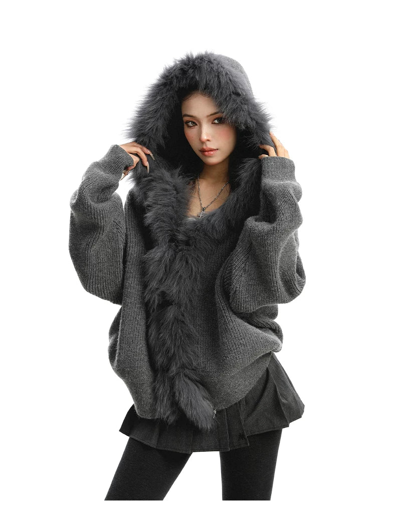 Shadow Luxe Fur-Trim Hooded Knit Cardigan