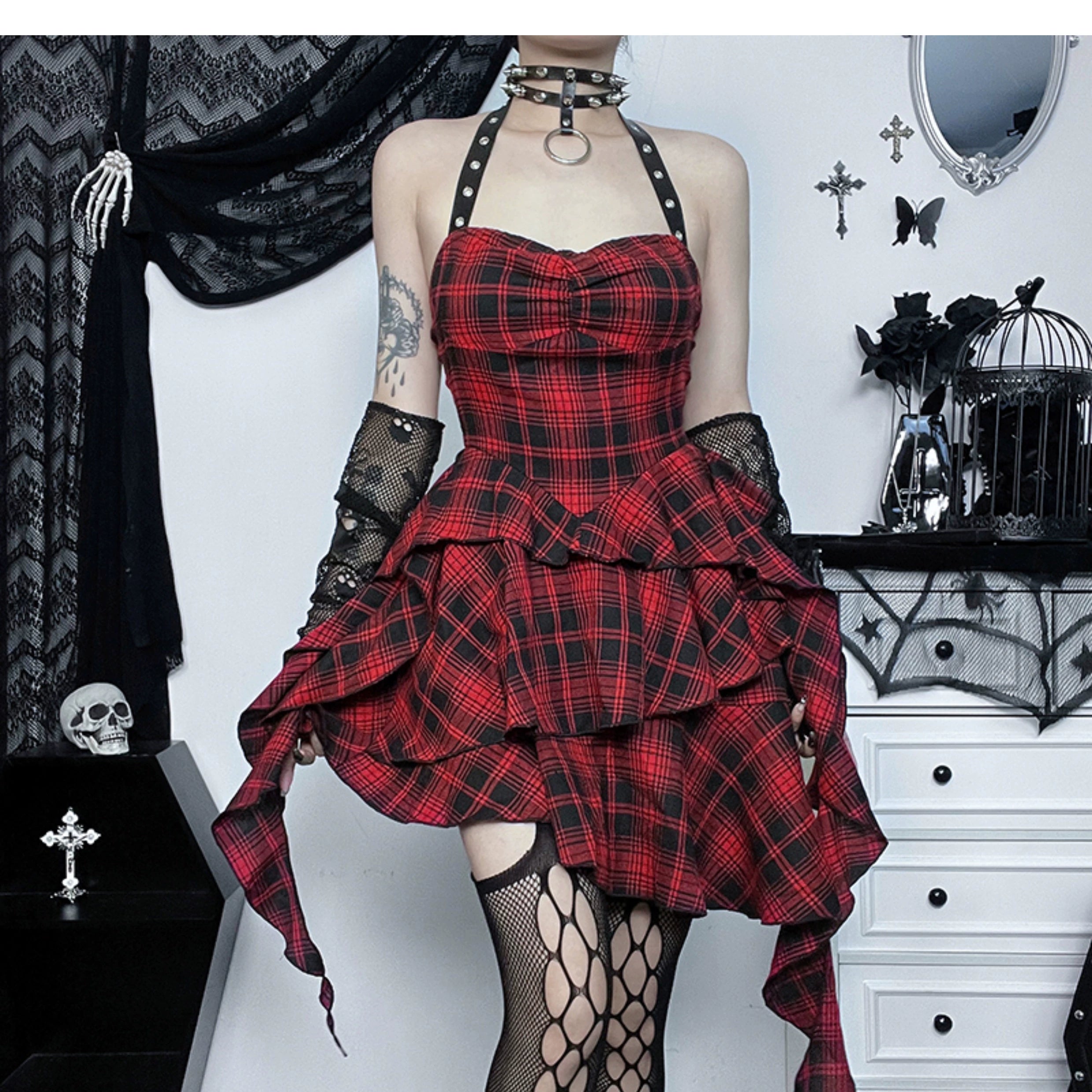 Wannathis Punk Tartan Mini Dress - Red Plaid Ruffle Tiered Goth Dress With Studded Harness