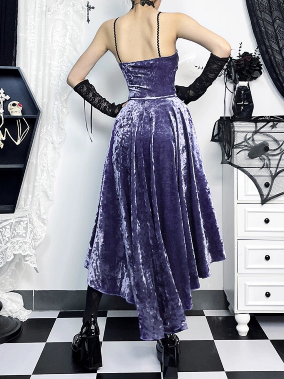 Wannathis Gothic Velvet Corset Dress Set - Purple High-Low Gown With Lace Trim And Black Lace Bolero