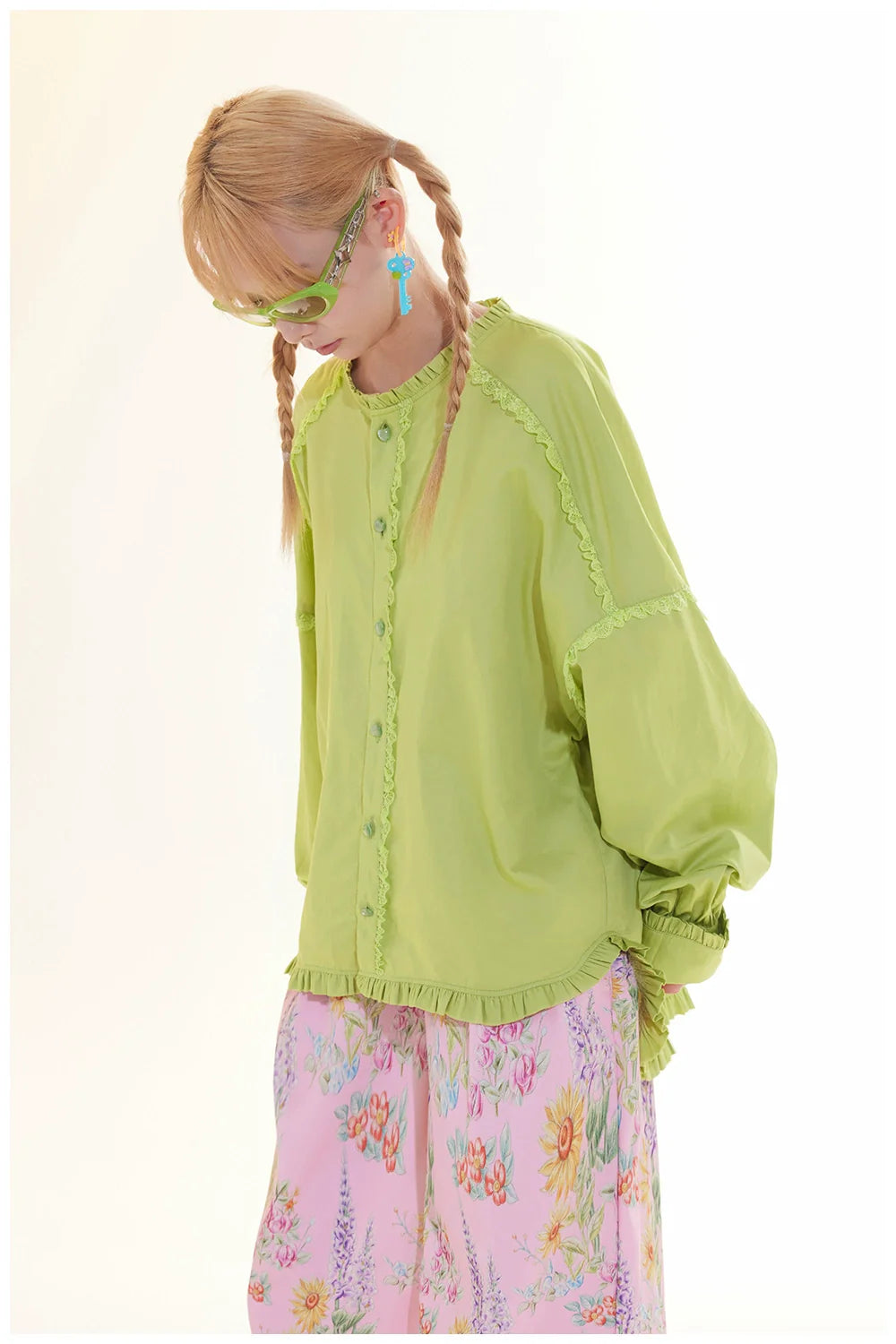 Lime Green Lace Trim Button Down Blouse