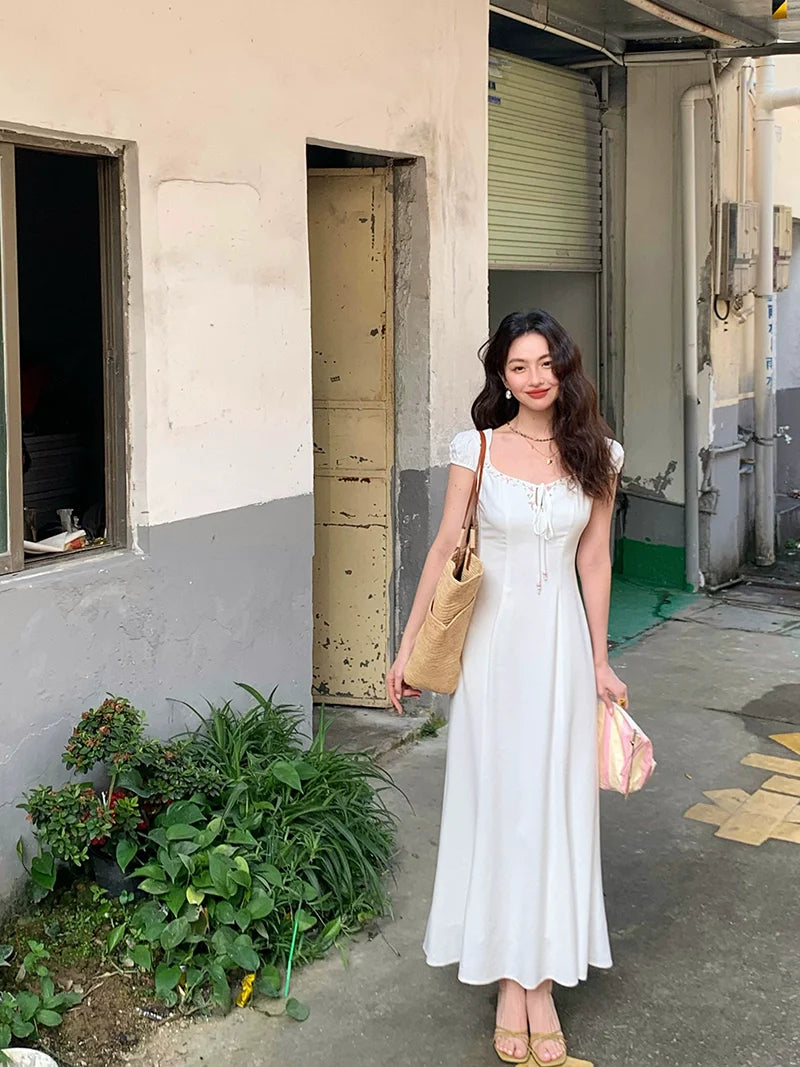 Short Sleeve White Maxi Dress