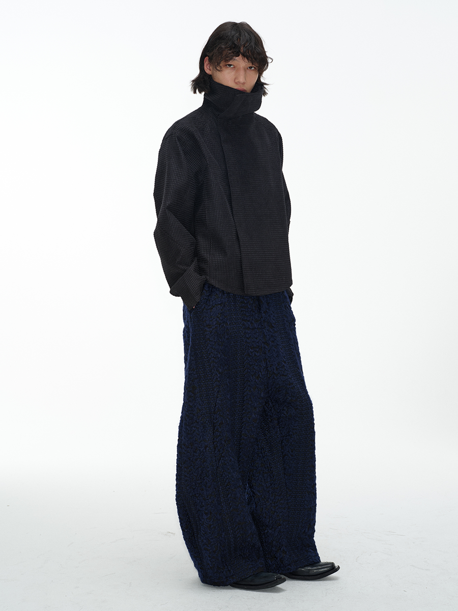 Black Textured Asymmetric-Collar Jacket