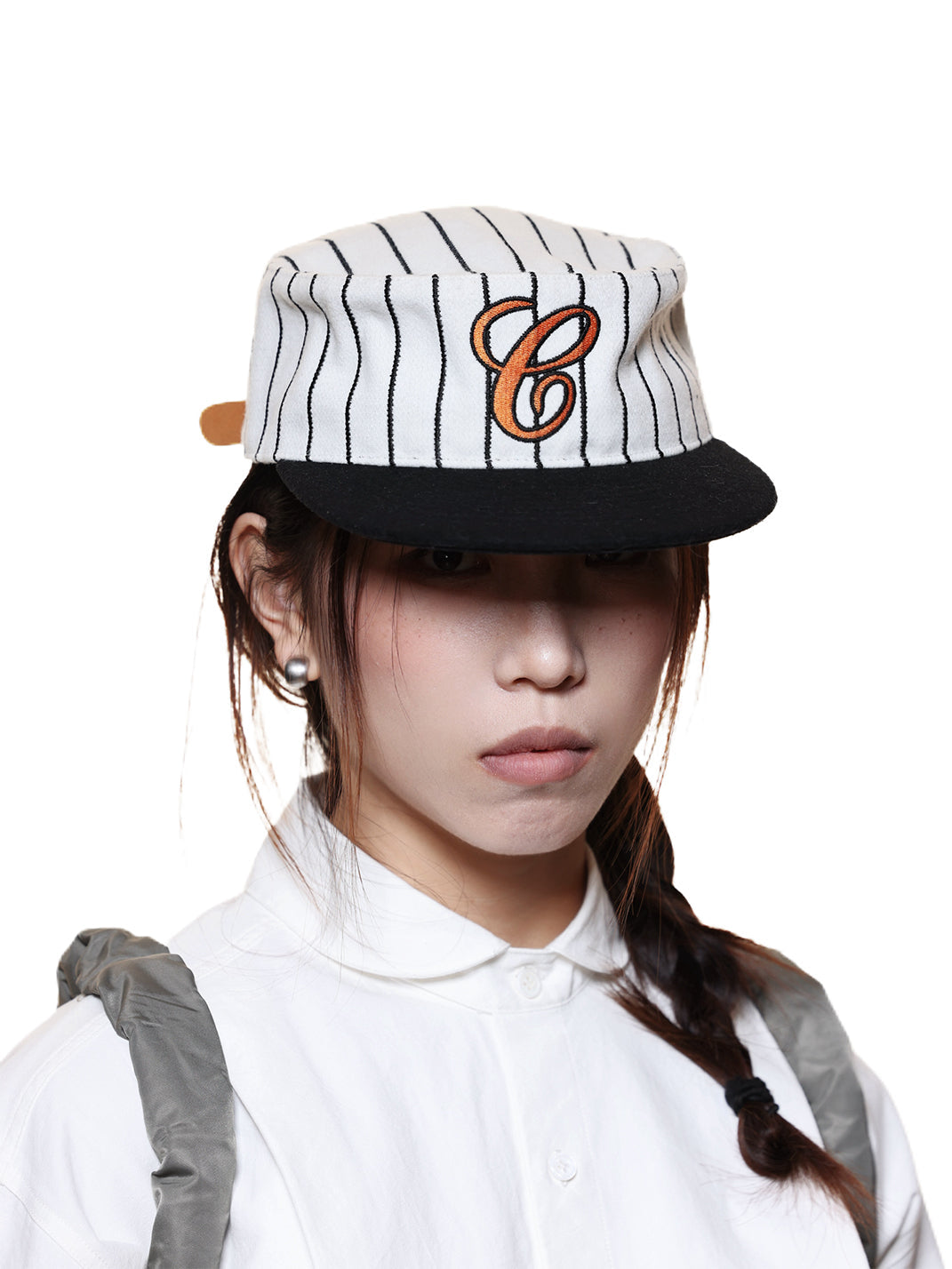 Pinstripe Wool-Blend C-Embroidered Cap - Orange Embroidery - Worn three-quarter - view 2