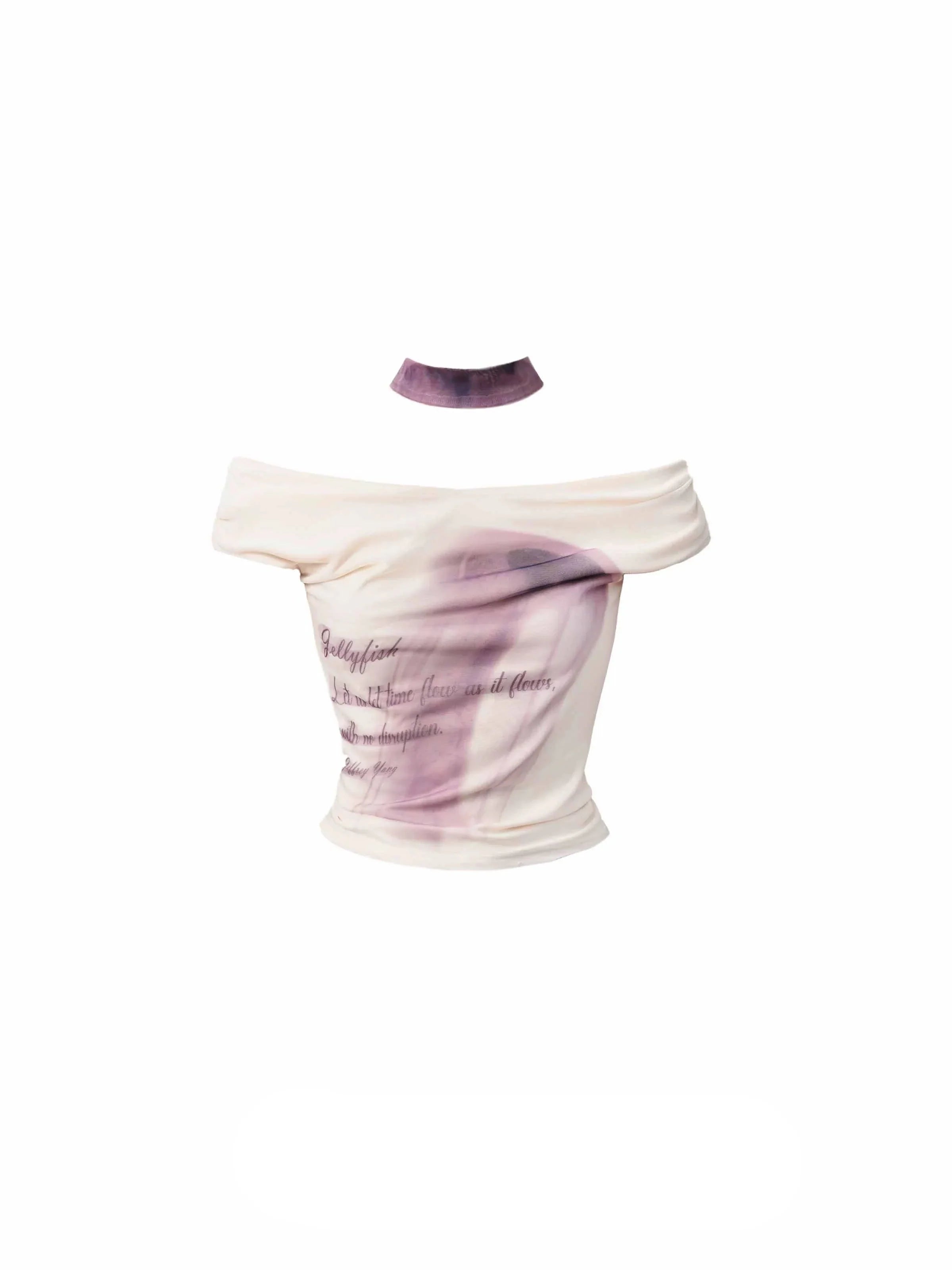 Ethereal Whisper: Off-Shoulder Choker Crop Top with Lavender Ombre Print