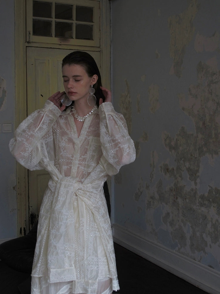 Sheer Lace Embroidered Shirt Dress