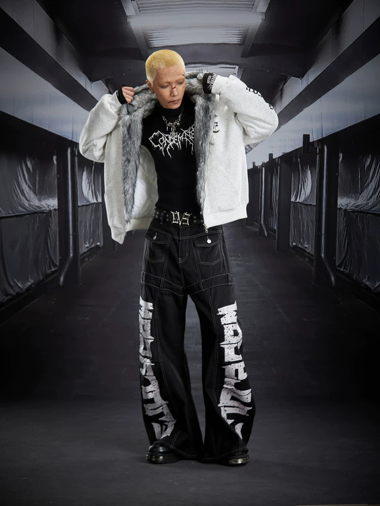 Wreckline Script Wide‑Leg Denim Pants