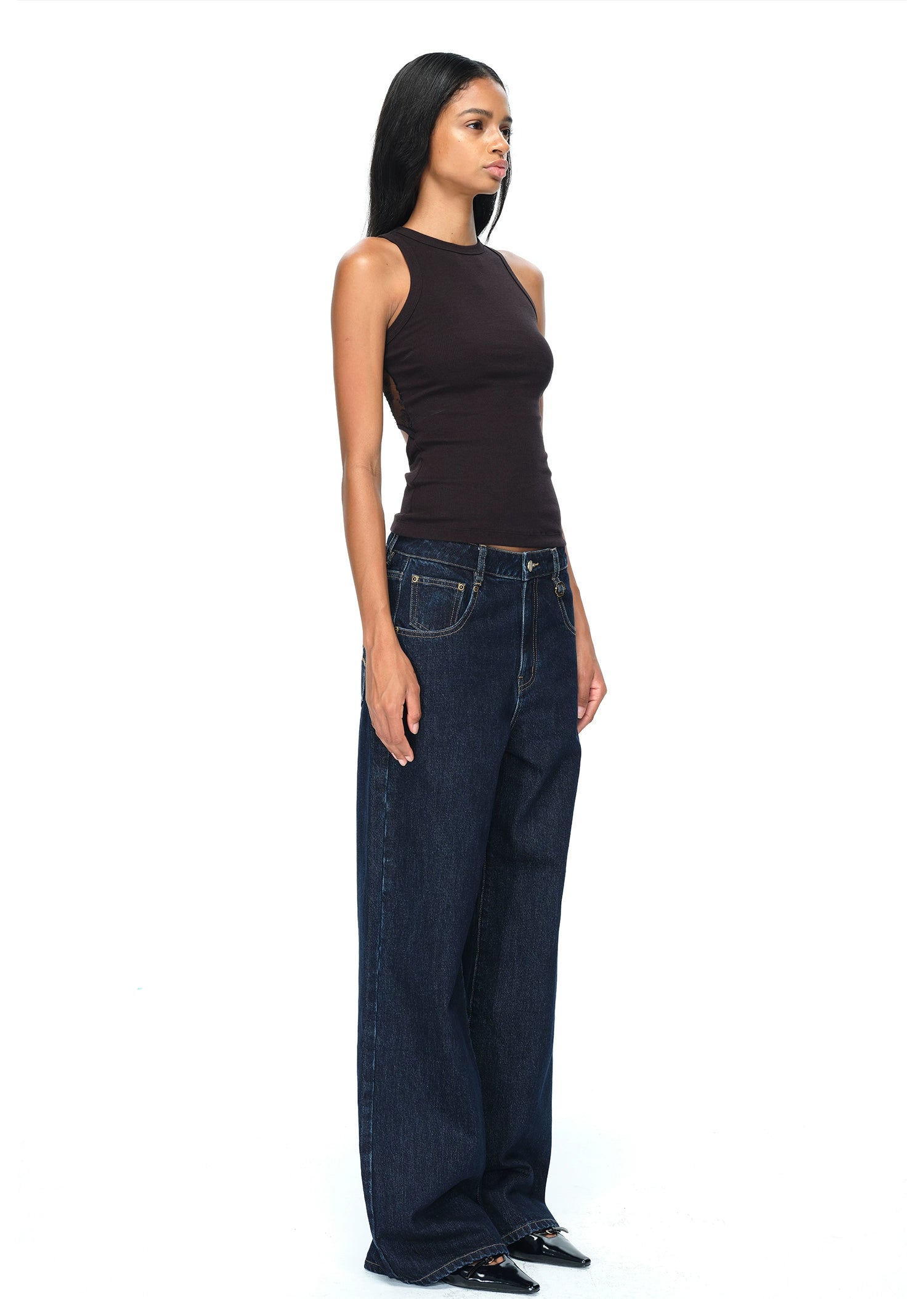 Dark Blue Raw Denim Wide-Leg Jeans