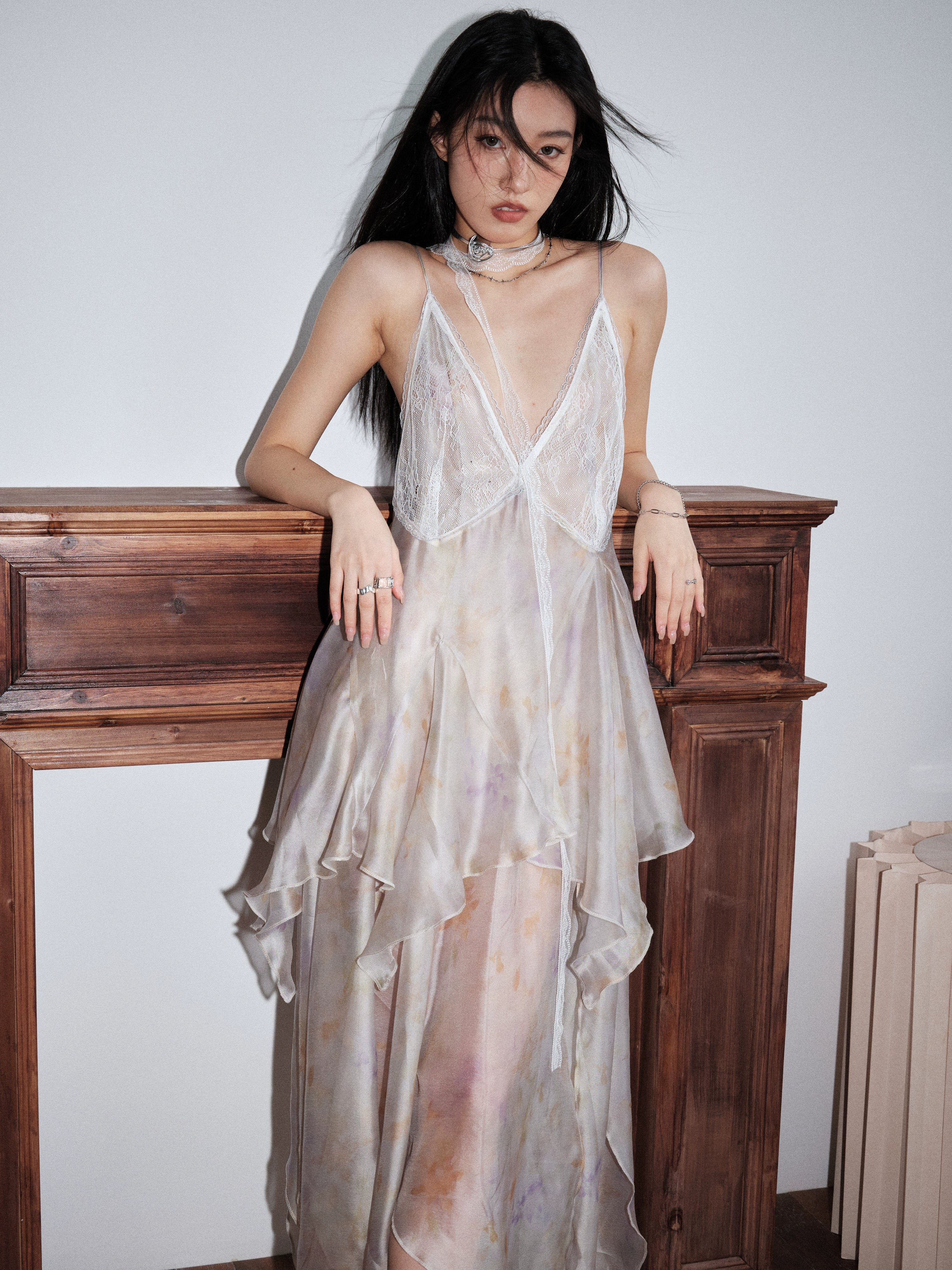 JNYLON STUDIO Ethereal Fairy Slip Dress - Women's Ivory Layered Chiffon Maxi with Handkerchief Hem