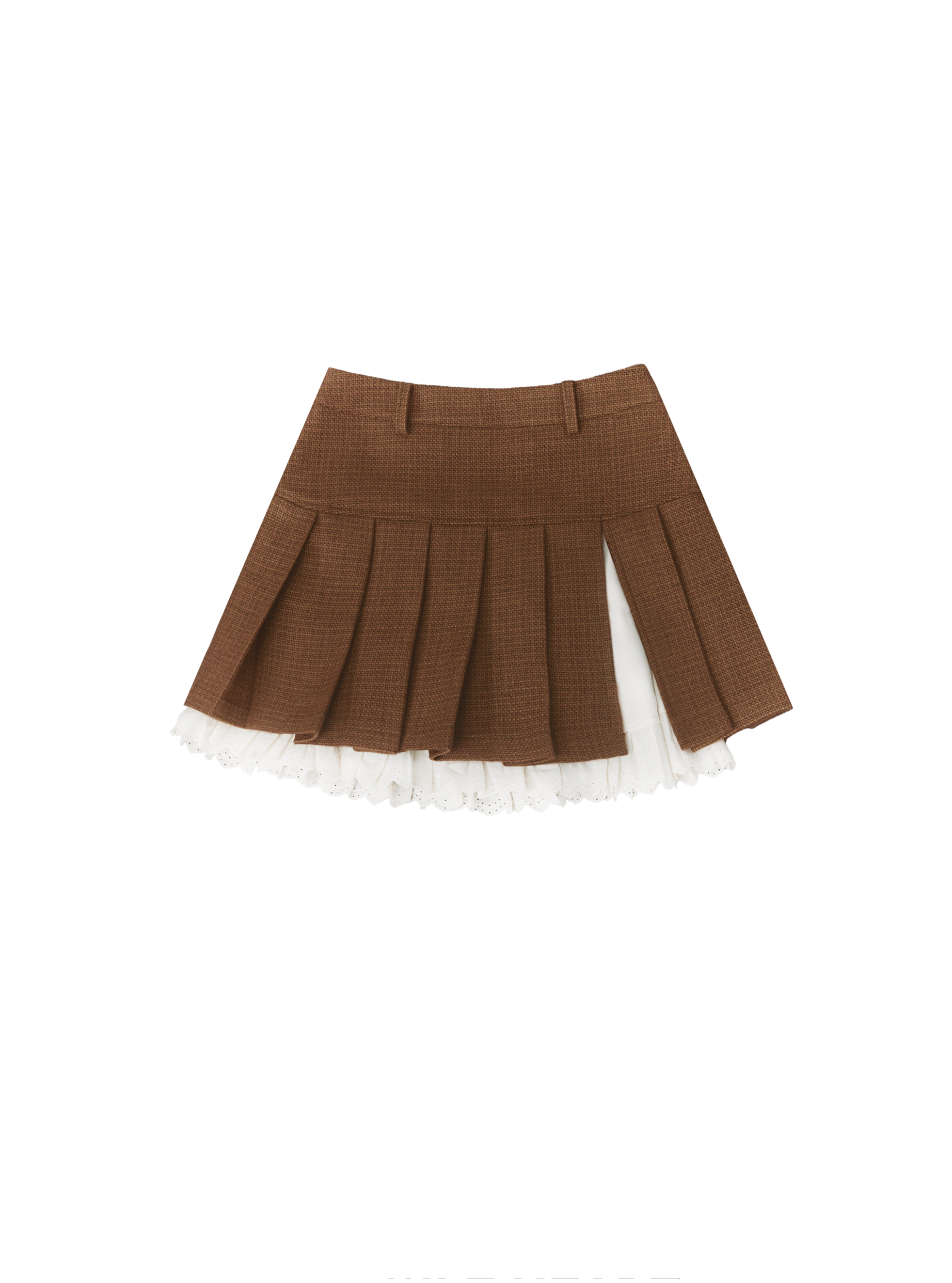 Brown Pleated Mini Skirt with White Lace Underskirt