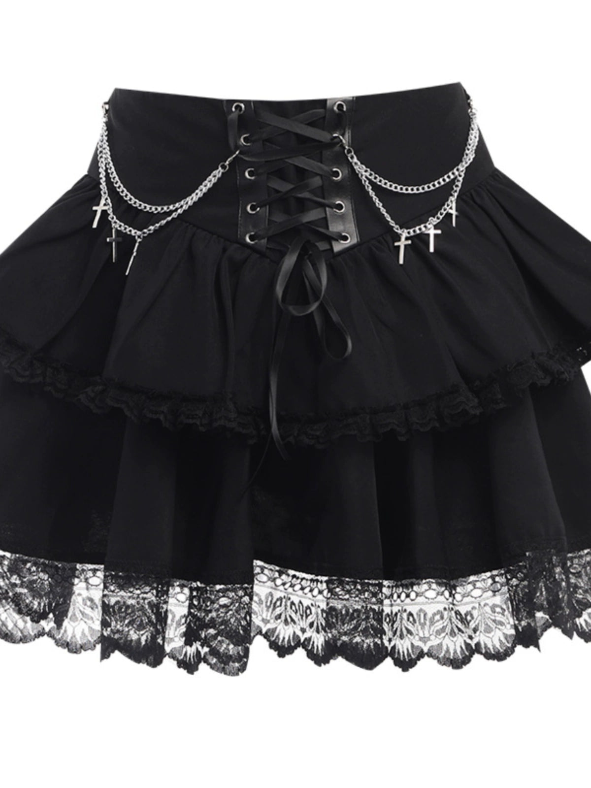 Wannathis Gothic Lolita Mini Skirt - Black Tiered Ruffle With Lace-Up Waist And Cross Chains