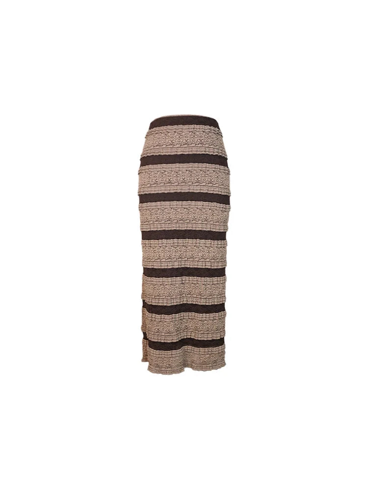 Beige and Black Striped Textured Maxi Skirt