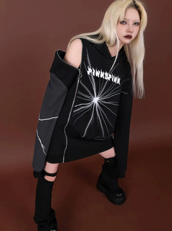 PINKSPINK Lightning Strike Asymmetric Hoodie - Black and Grey