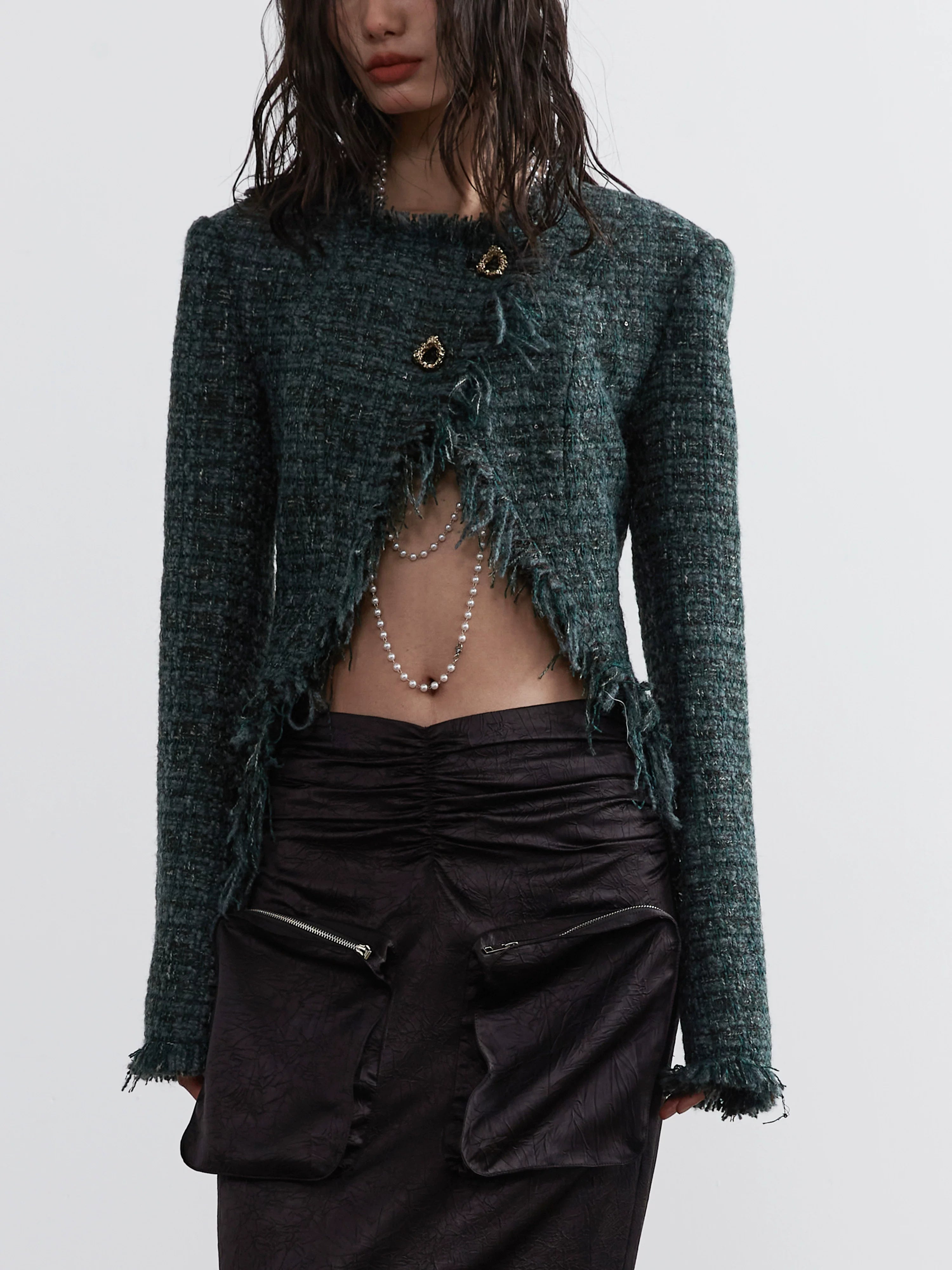 Emerald Frayed Cropped Tweed Jacket