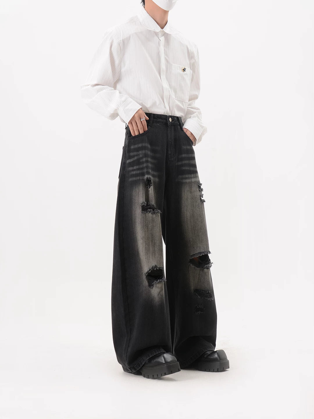 Distressed Washed Heavily Ripped Wide Leg Jeans