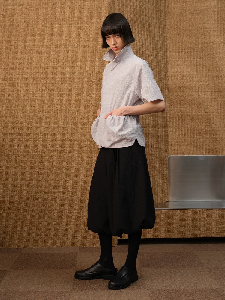 Textured Front Patch Pockets Short-Sleeve Shirt