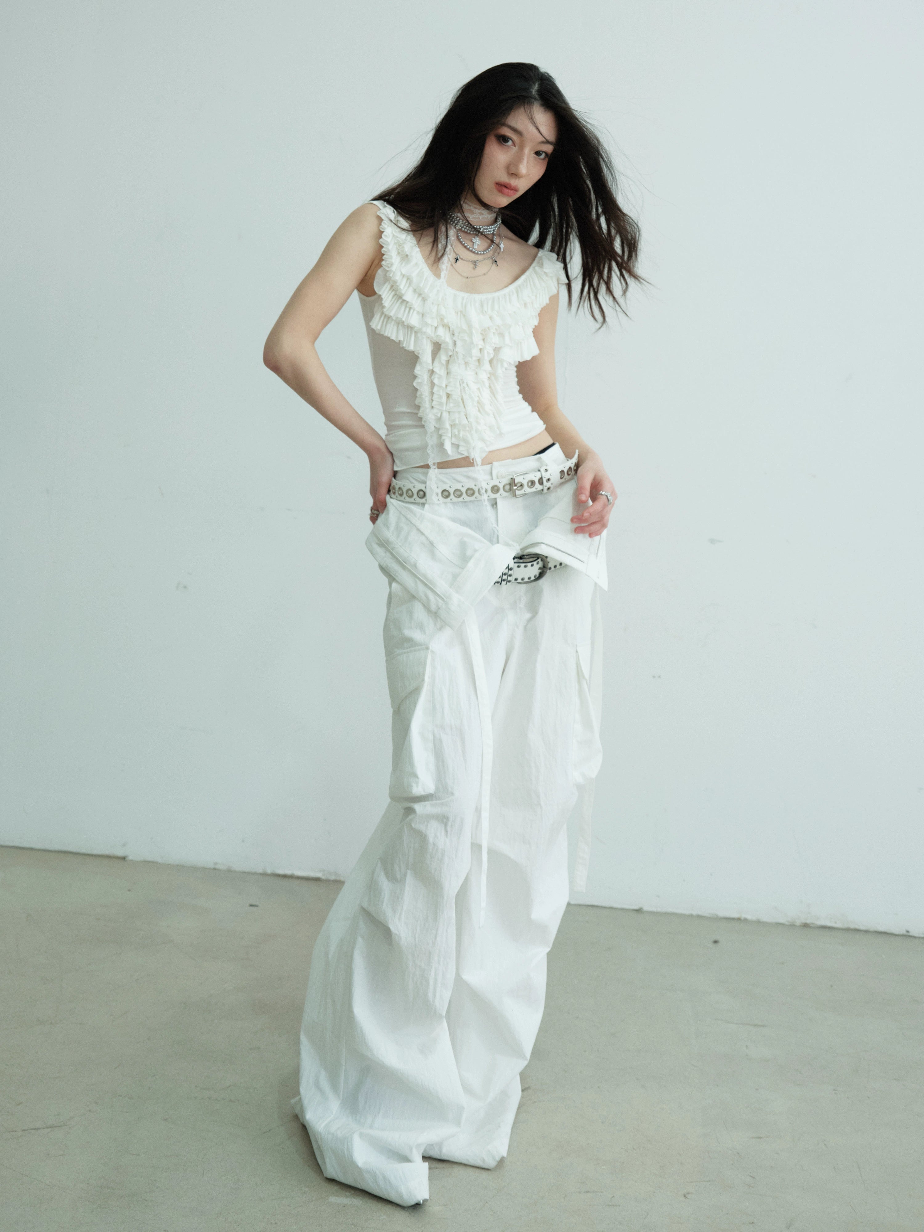 Wide Leg Cargo Pants Contrast Trim