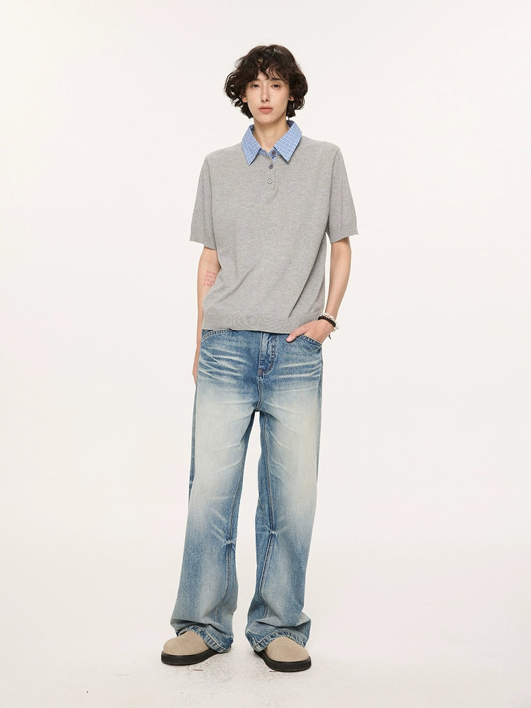 Contrast Plaid Collar Knit Polo Shirt