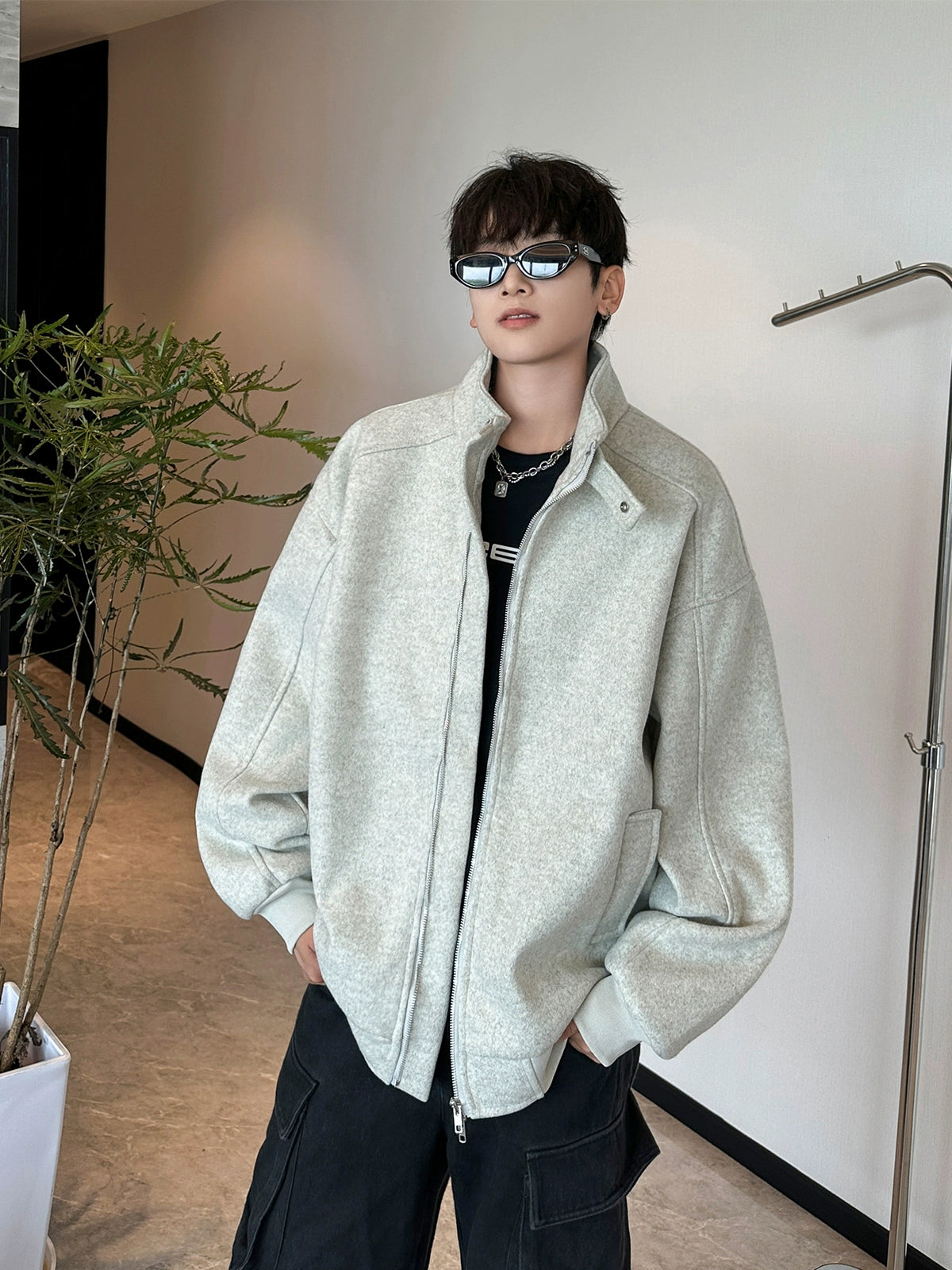 Oversized Stand Collar Zip Jacket