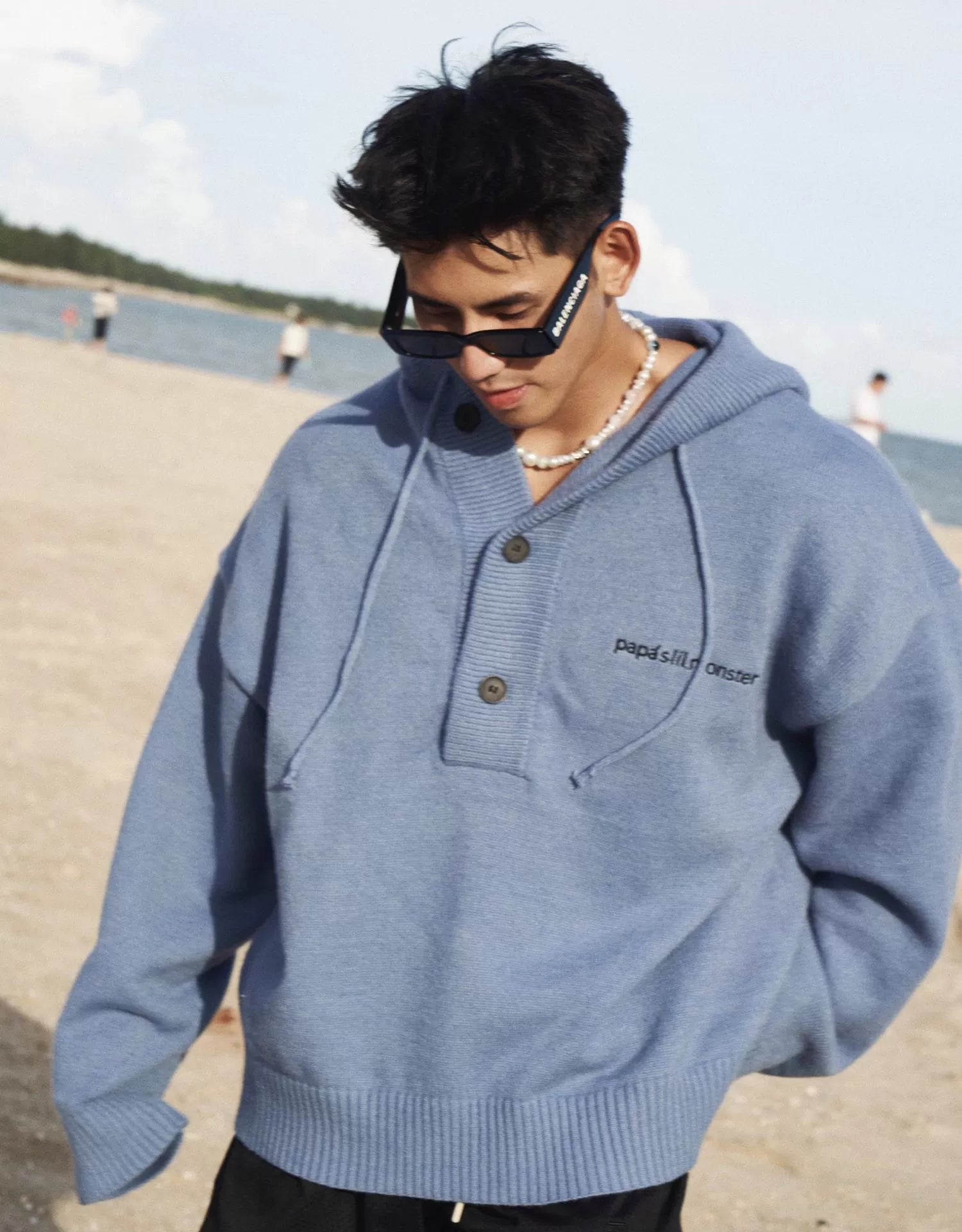 Blue Knit Hooded Henley Sweater