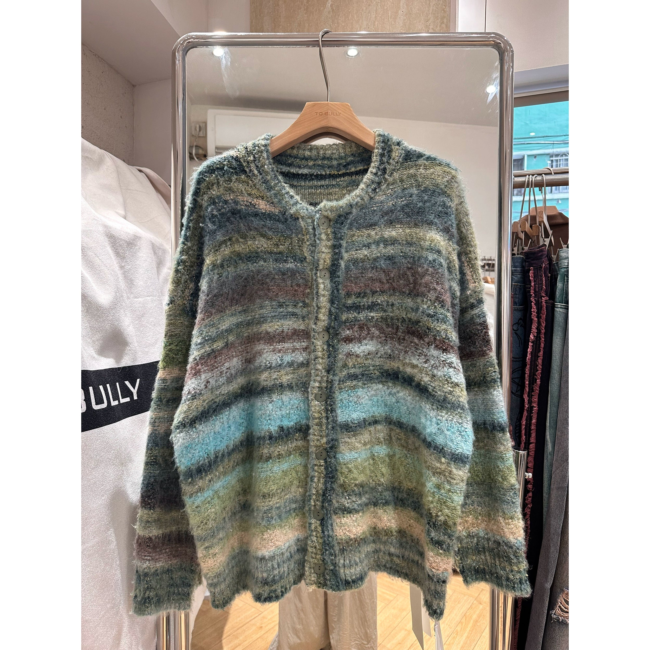 Oversized Fuzzy Striped Button-Up Cardigan