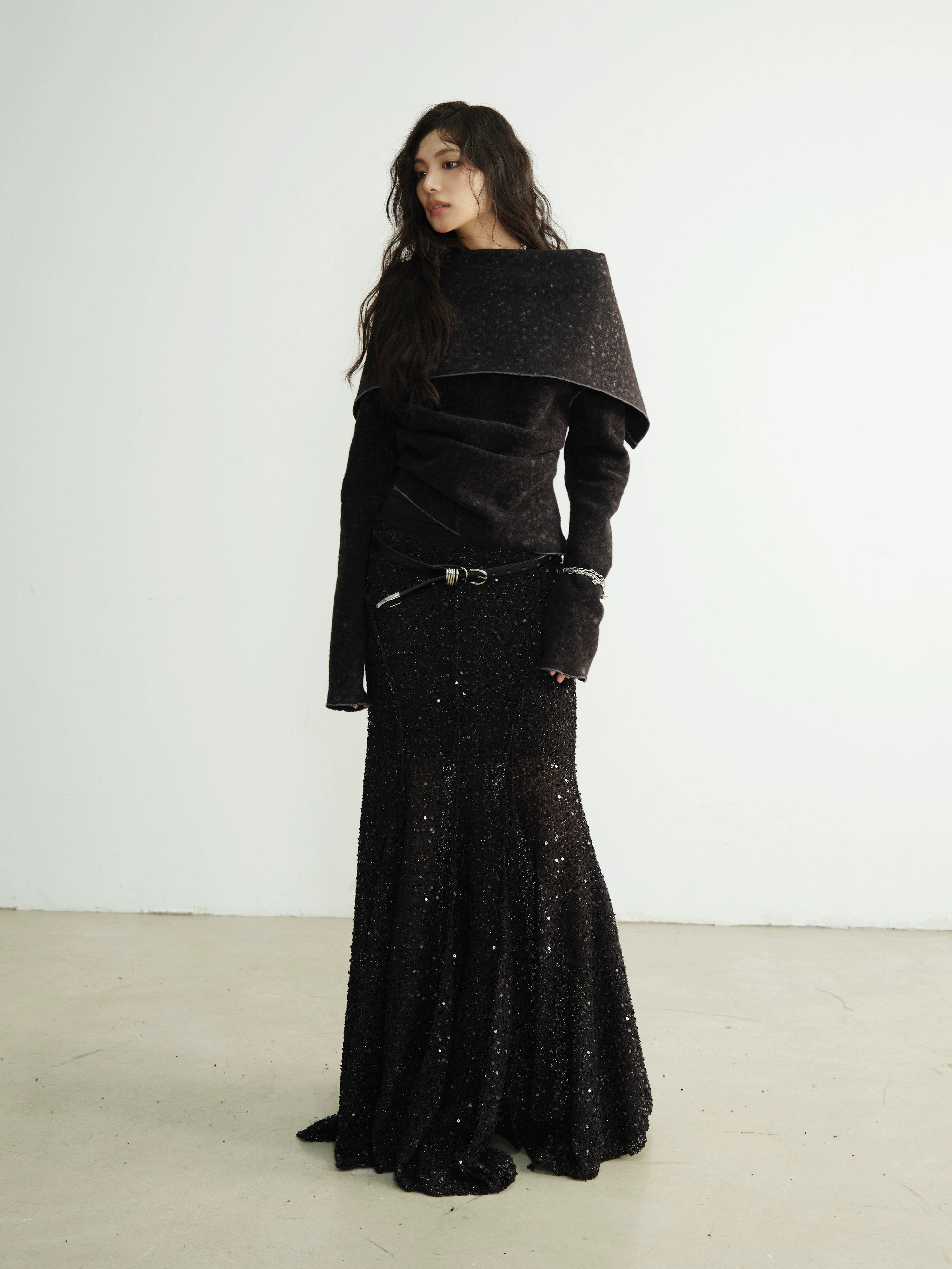 Drape Cowl-Neck Textured Knit Cardigan