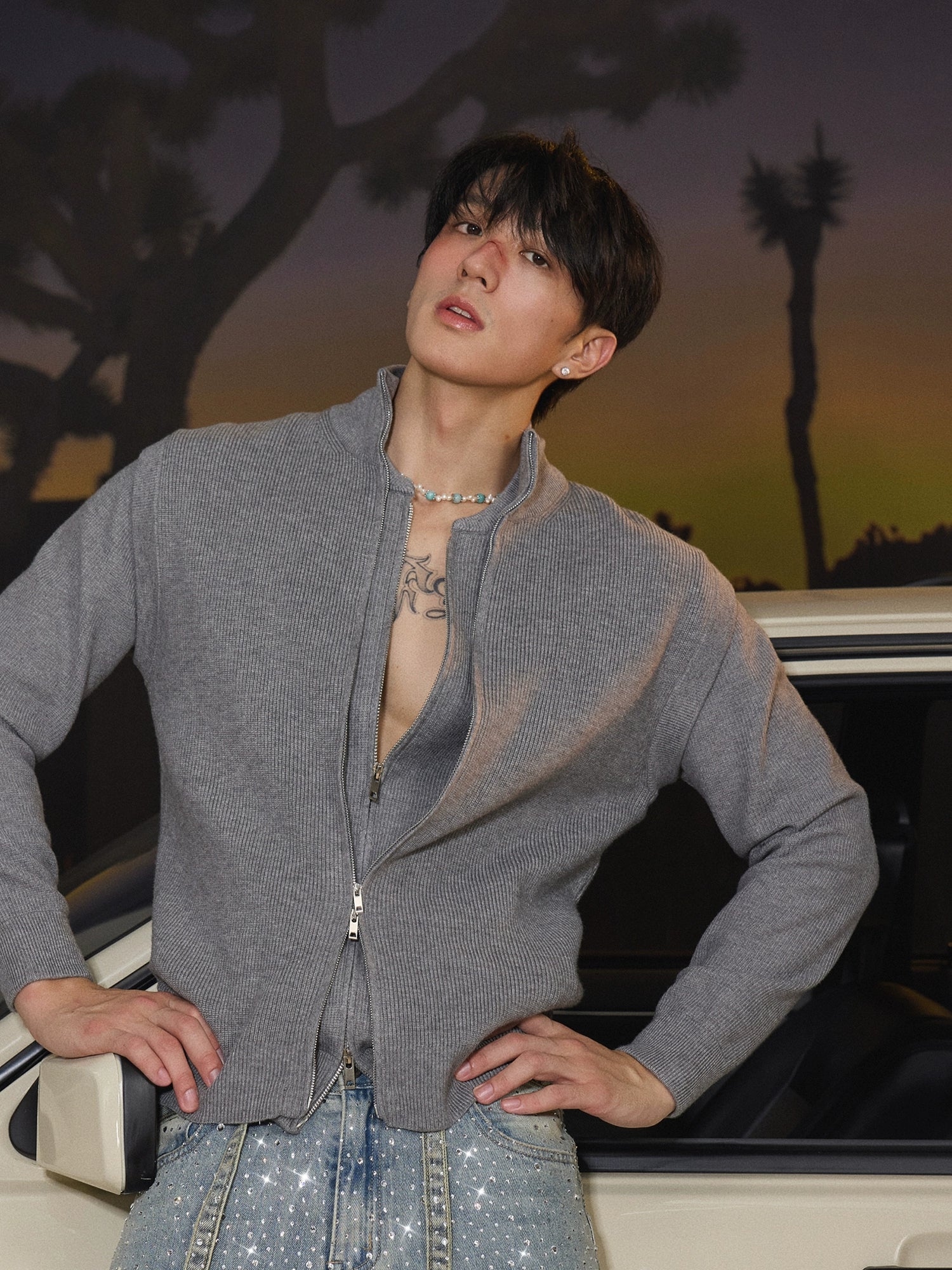 Ash Ribbed Zip-Up Cardigan