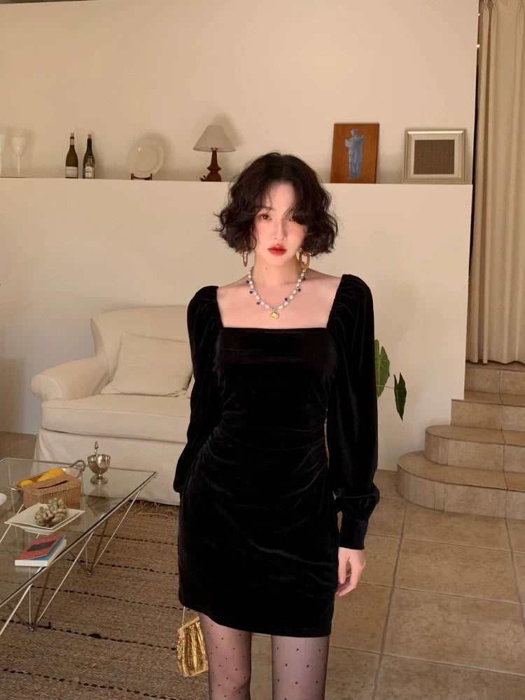 Black Velvet Square Neck Mini Dress