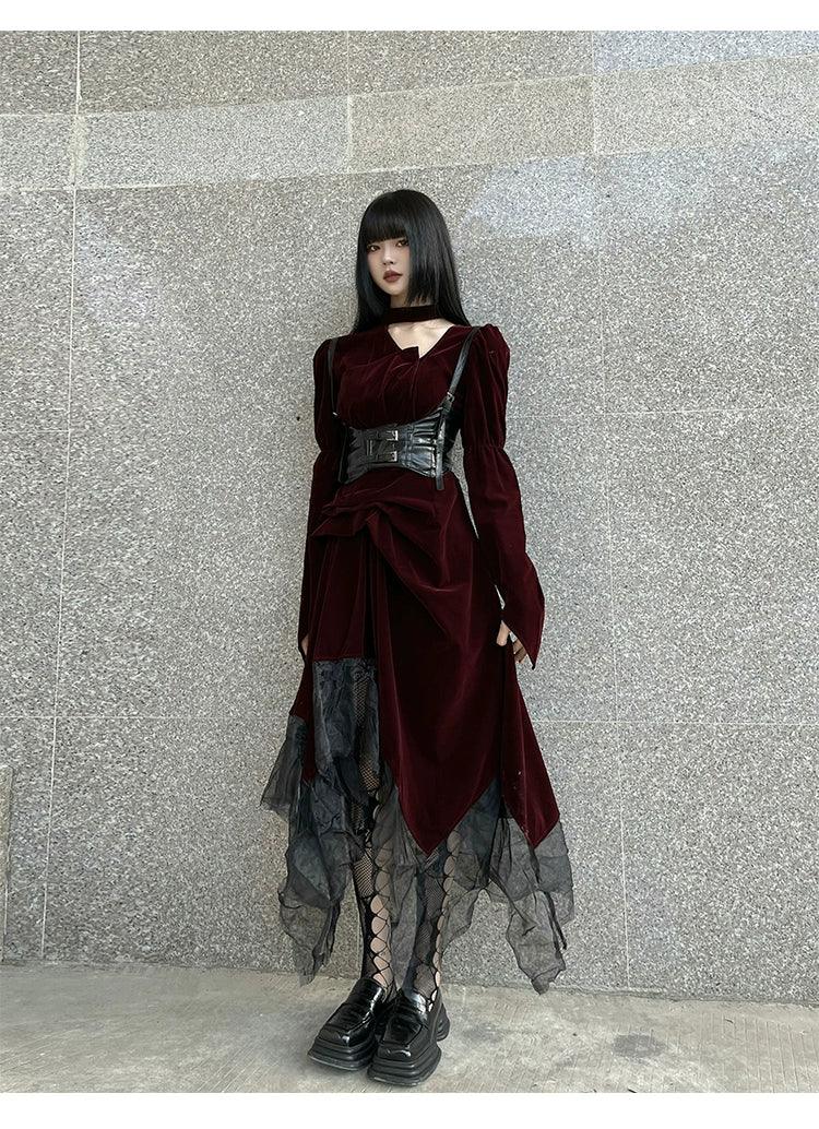 Ladyghost Gothic Victorian Maxi Dress - Women'S Burgundy Velvet And Black Mesh Layered Gown With Corset Belt