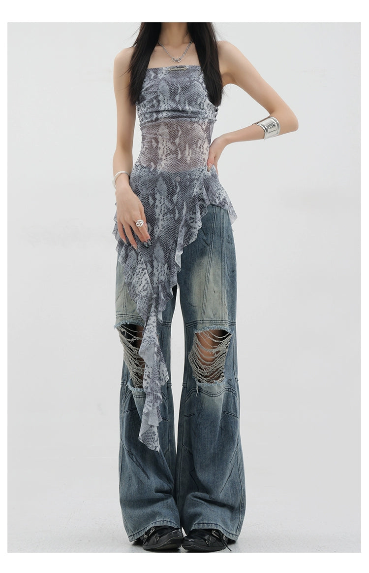 Vintage Distressed And Dirt-Dyed Patchwork Wide-Leg Jeans - chiclara