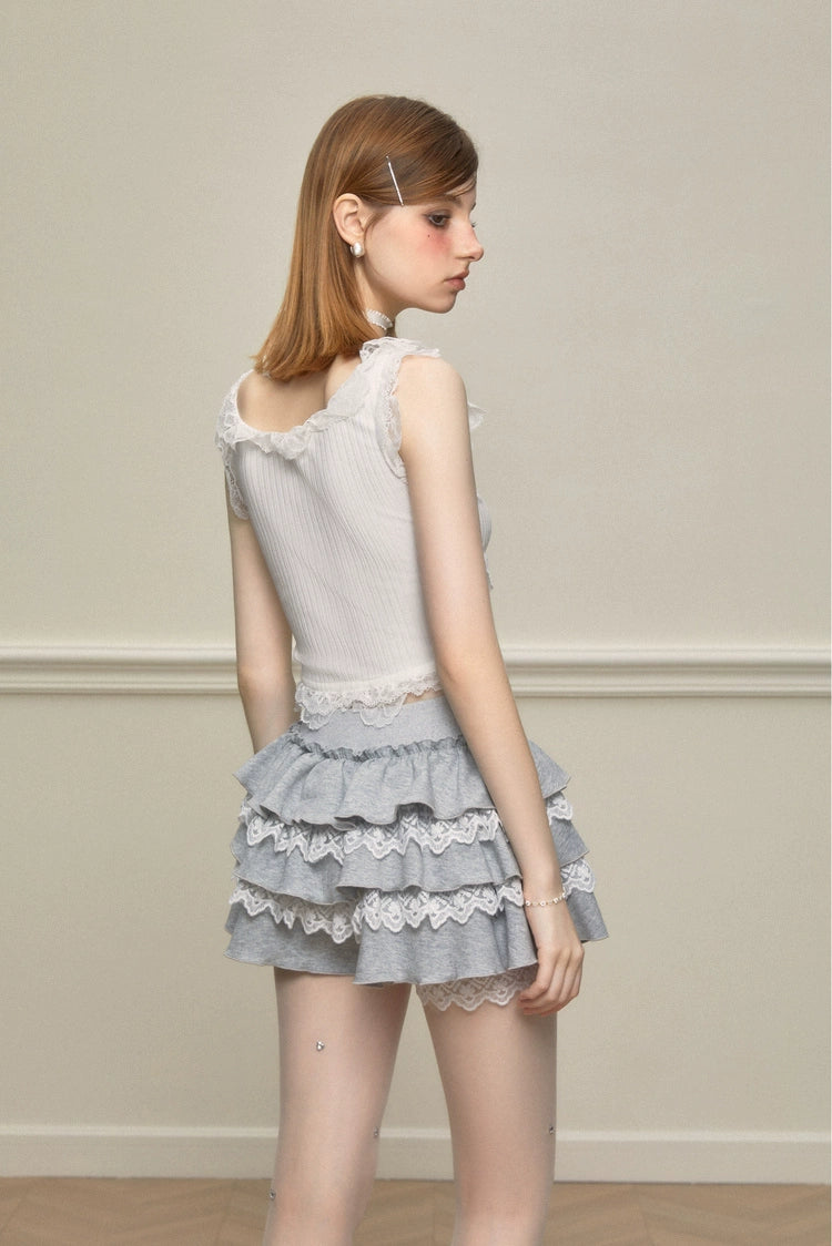 Lace Trim Tiered Ruffle Skort