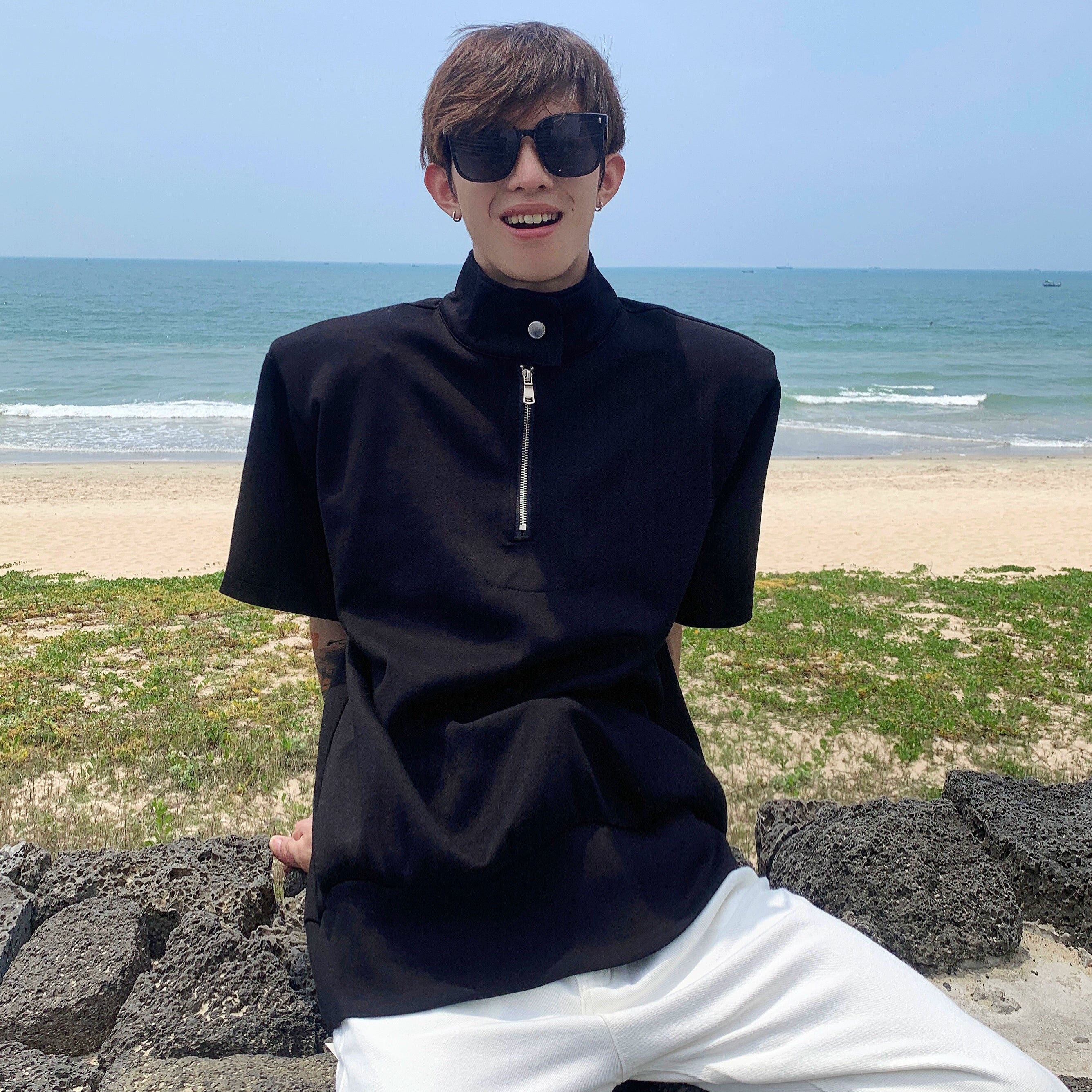 Gray Half-Zip Stand Collar Shirt