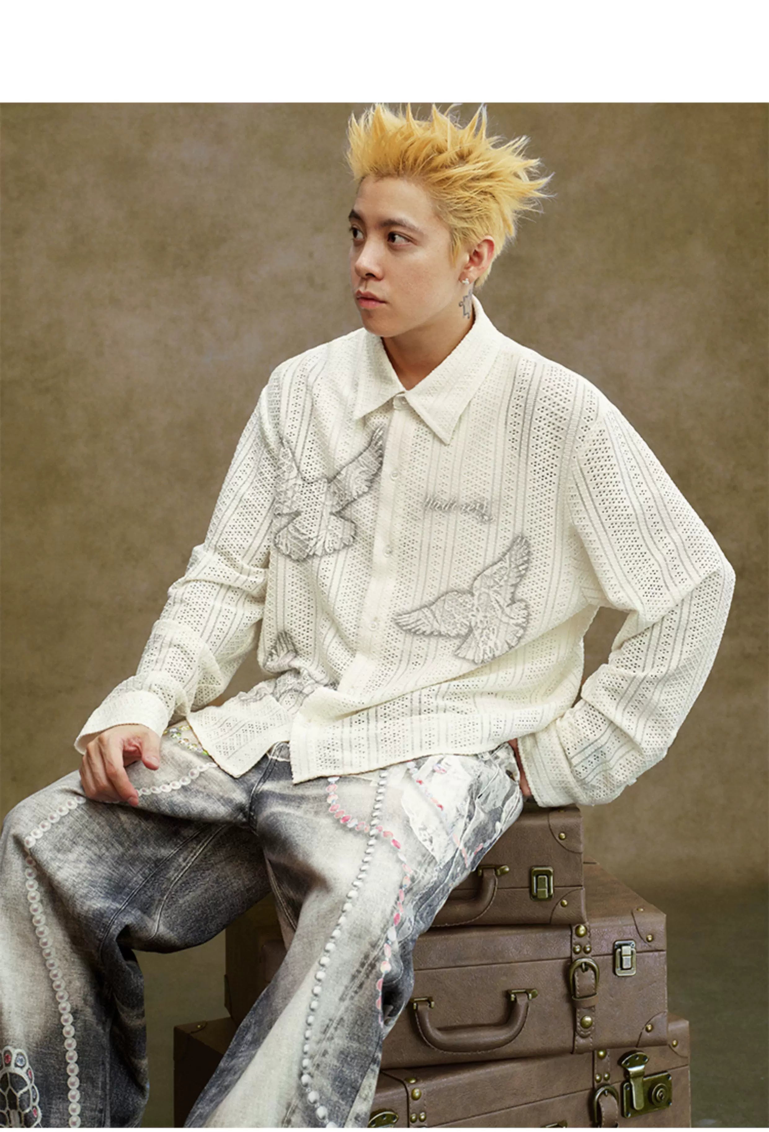 Ivory Embroidered Bird Lace Long Sleeve Shirt