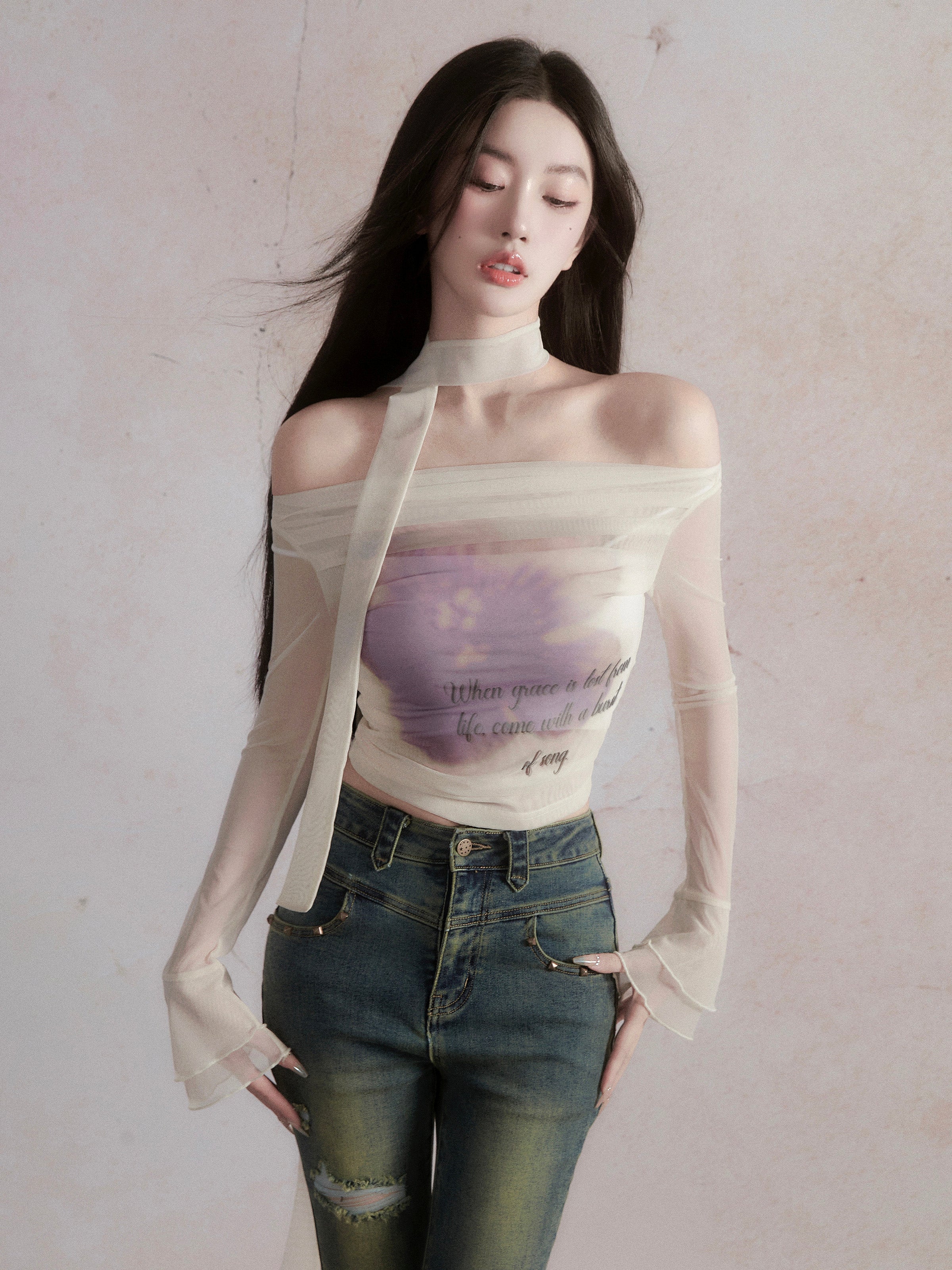 Off-Shoulder Watercolor Text Print Crop Top with Bell Sleeves