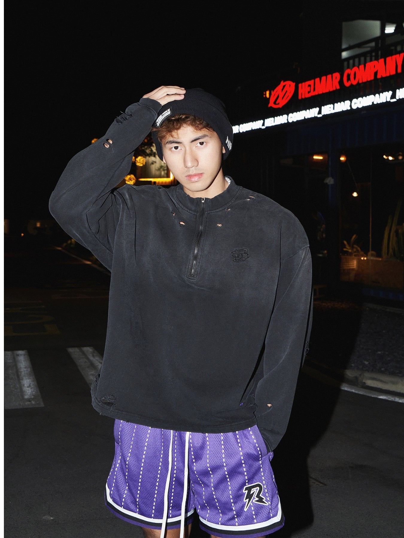 Distressed Black Quarter-Zip Sweatshirt