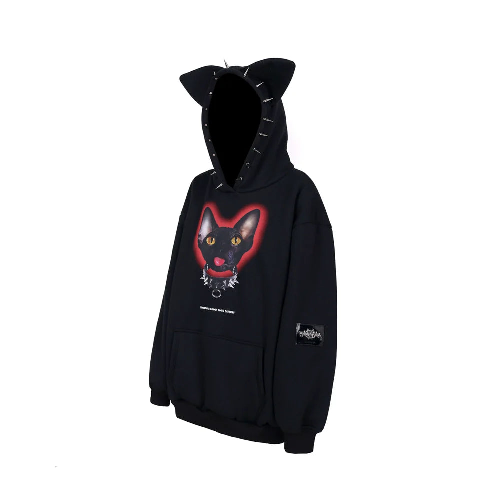 PINKSPINK Spiked Cat-Ear Hoodie - Black with Gothic Cat Print